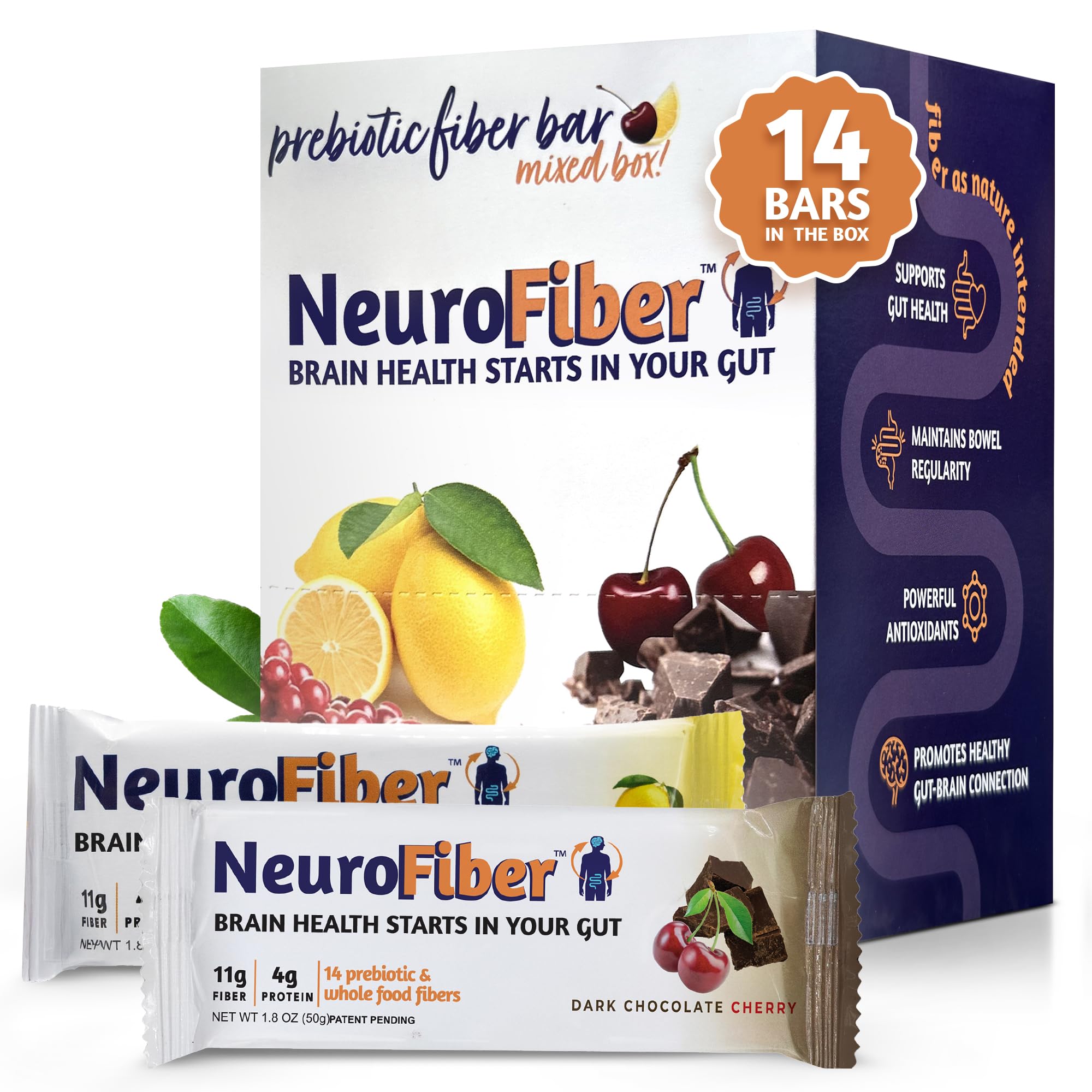 NeuroFiber Prebiotic High Fiber Bars – Gut Health, Bowel Regularity & Brain Function Support – Plant-Based, Gluten Free, Vegan