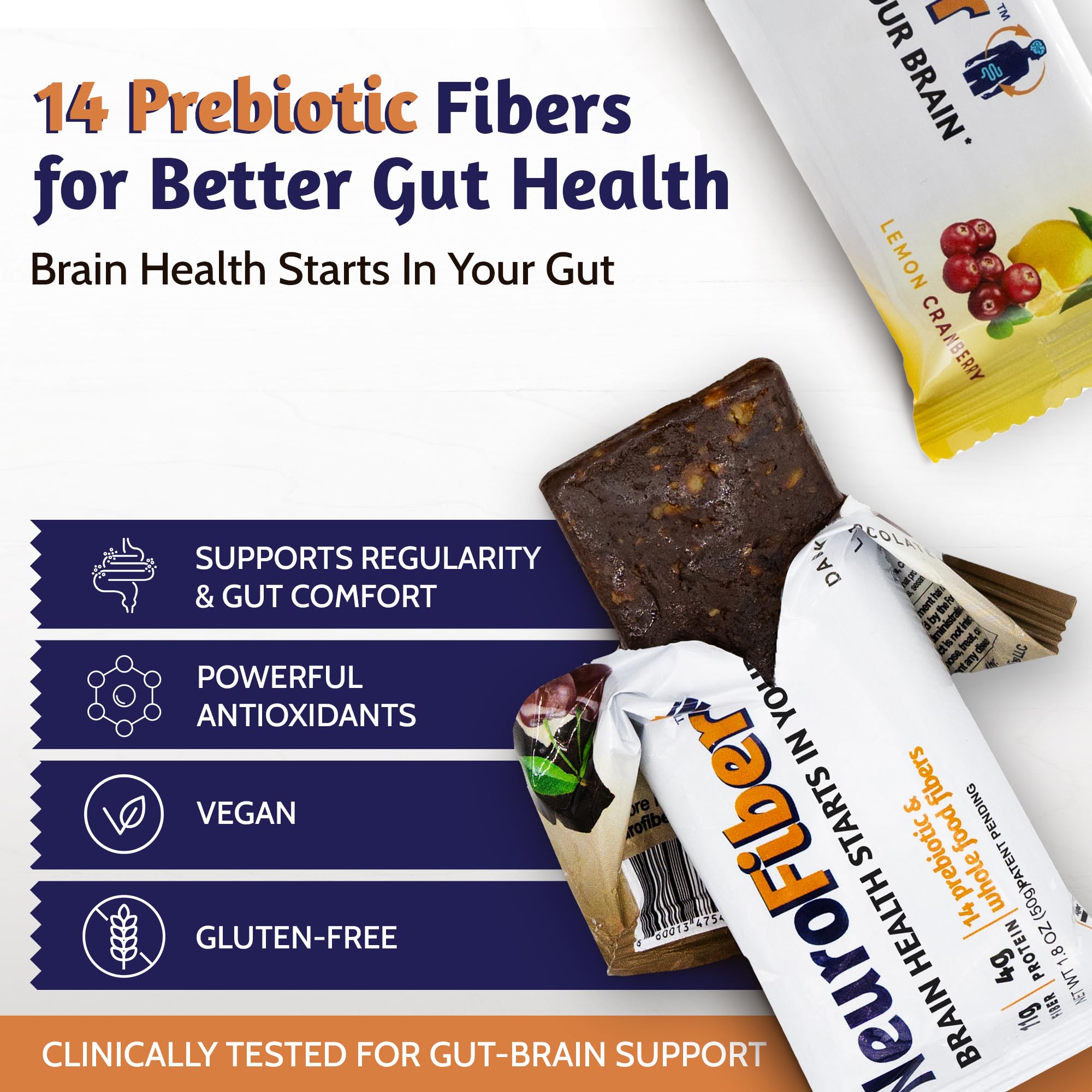 NeuroFiber Prebiotic High Fiber Bars – Gut Health, Bowel Regularity & Brain Function Support – Plant-Based, Gluten Free, Vegan (Sample Pack)