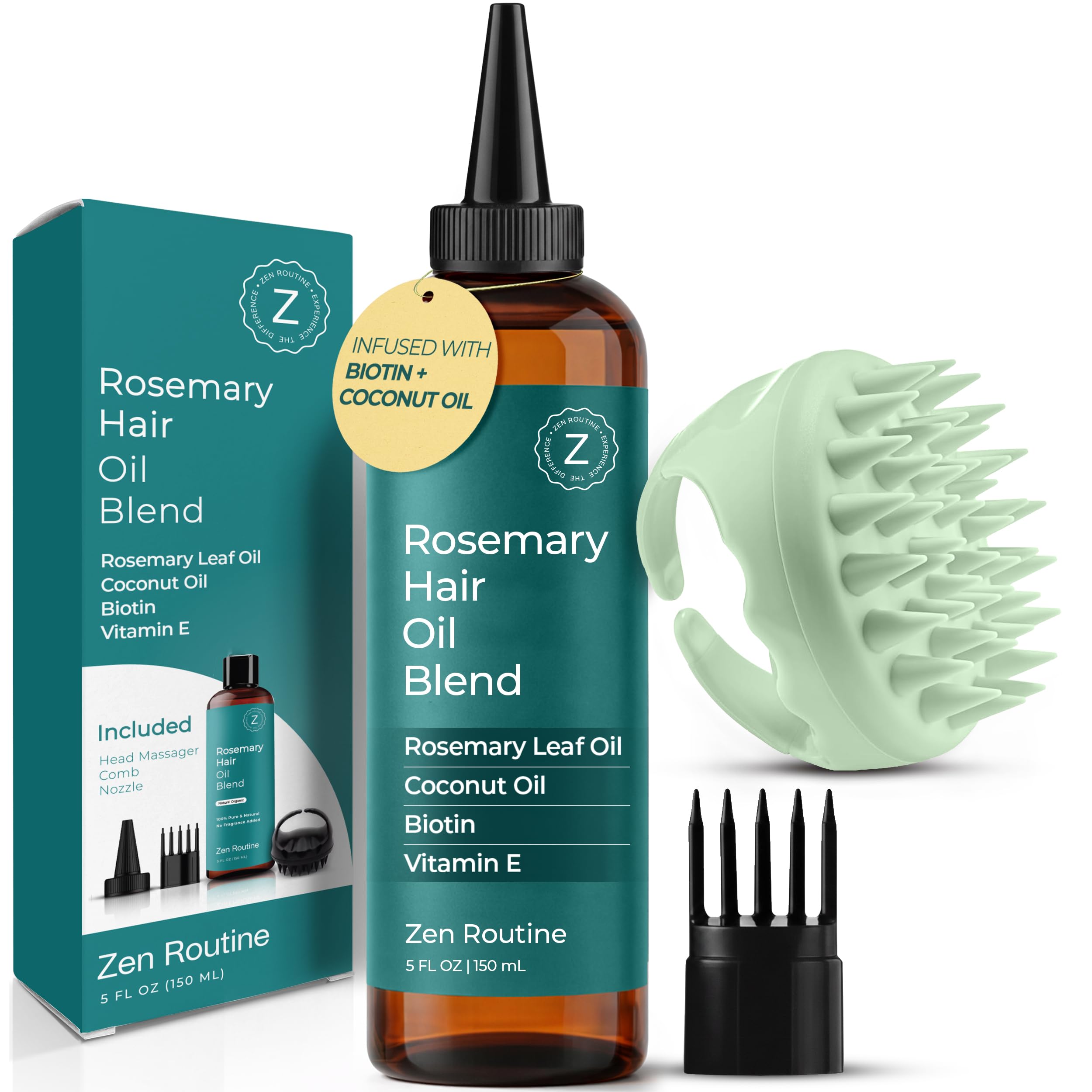Rosemary Oil for Hair Growth + Scalp Massager Set | Strengthening Biotin & Coconut Oil – Hair Thickening Serum – Dry Head, Frizzy, Split Ends & Damaged Scalp Treatment – Color Safe, All Hair Types