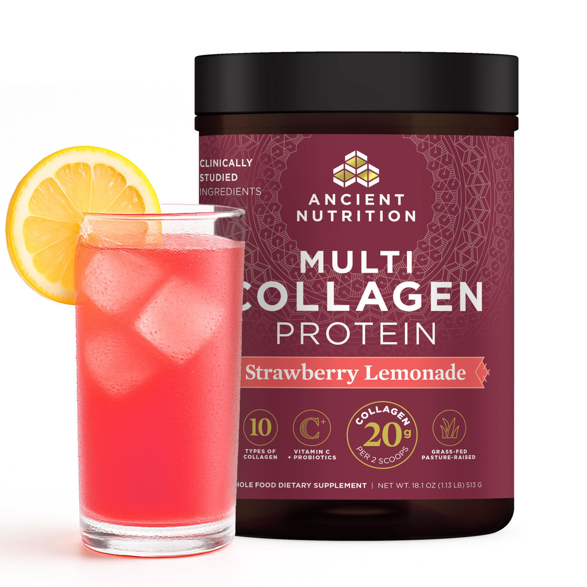Ancient Nutrition Hydrolyzed Collagen Peptides Powder with Probiotics, Strawberry Lemonade Multi Collagen Protein for Women and Men with Vitamin C, 45 Servings, Supports Skin and Nails, Gut Health, 18