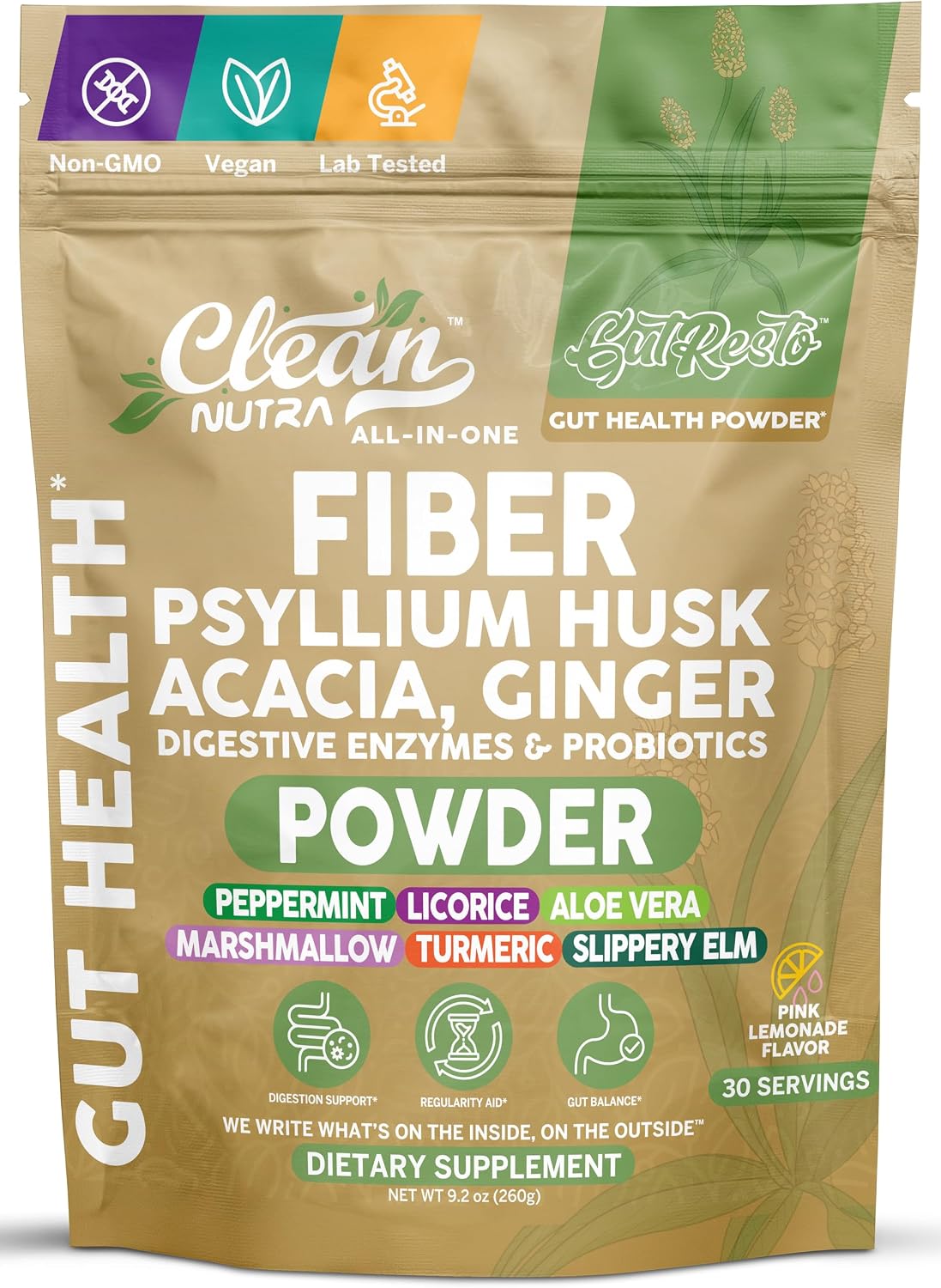 GutResto Fiber Supplement Psyllium Husk Powder Probiotic Gut Health Digestive Enzymes Prebiotic L-Glutamine Slippery Elm Aloe Vera Marshmallow Root Turmeric Ginger Peppermint by Clean Nutra 30 Svgs