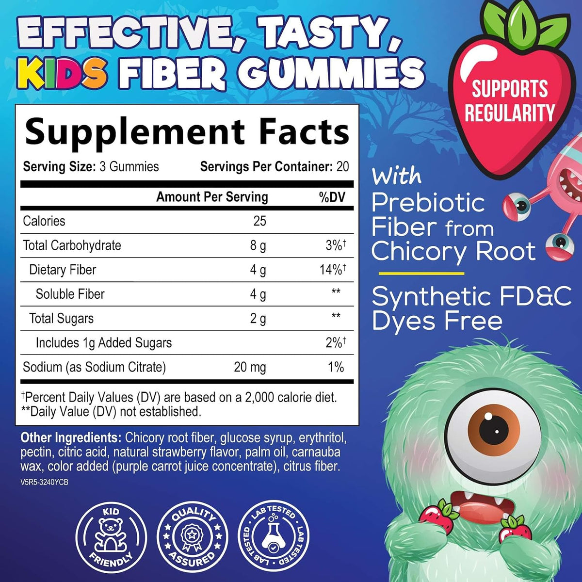 Kids Fiber Gummies - 4g Dietary Fiber - Daily Fiber Gummy Supplement for Kids - Soluble Inulin Prebiotic Gummy for Digestive Health Support - Plant-Based Regularity & Digestion Support - 60 Gummies