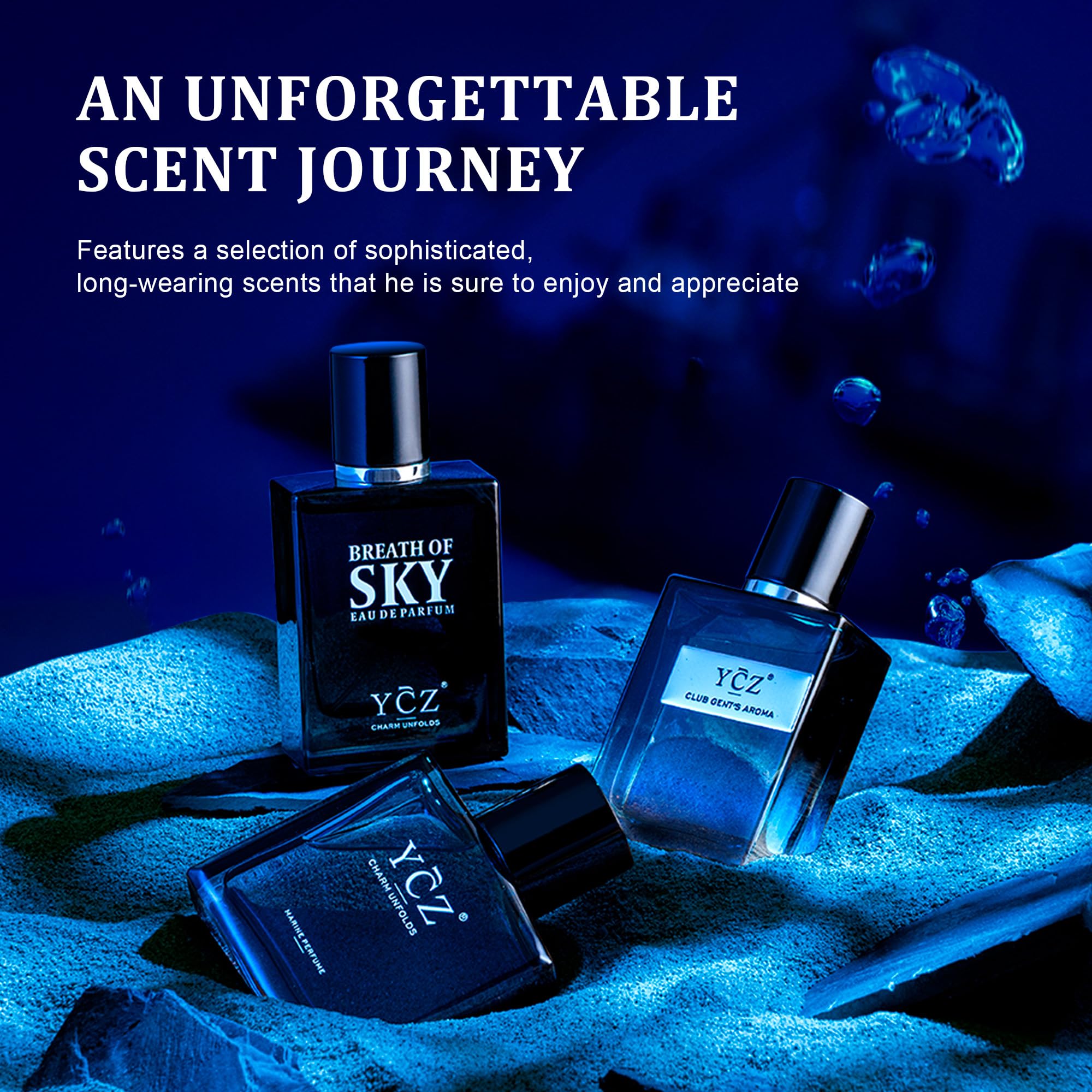 Ycz Cologne for Men Set, 3-Piece Men's Cologne Gift Set, Ocean, Sky & Club Fragrances, 50ml Each, Woody Fresh Citrus Eau de Cologne, Long Lasting Men's Perfume Gift Box for Daily, Office, Father's Day