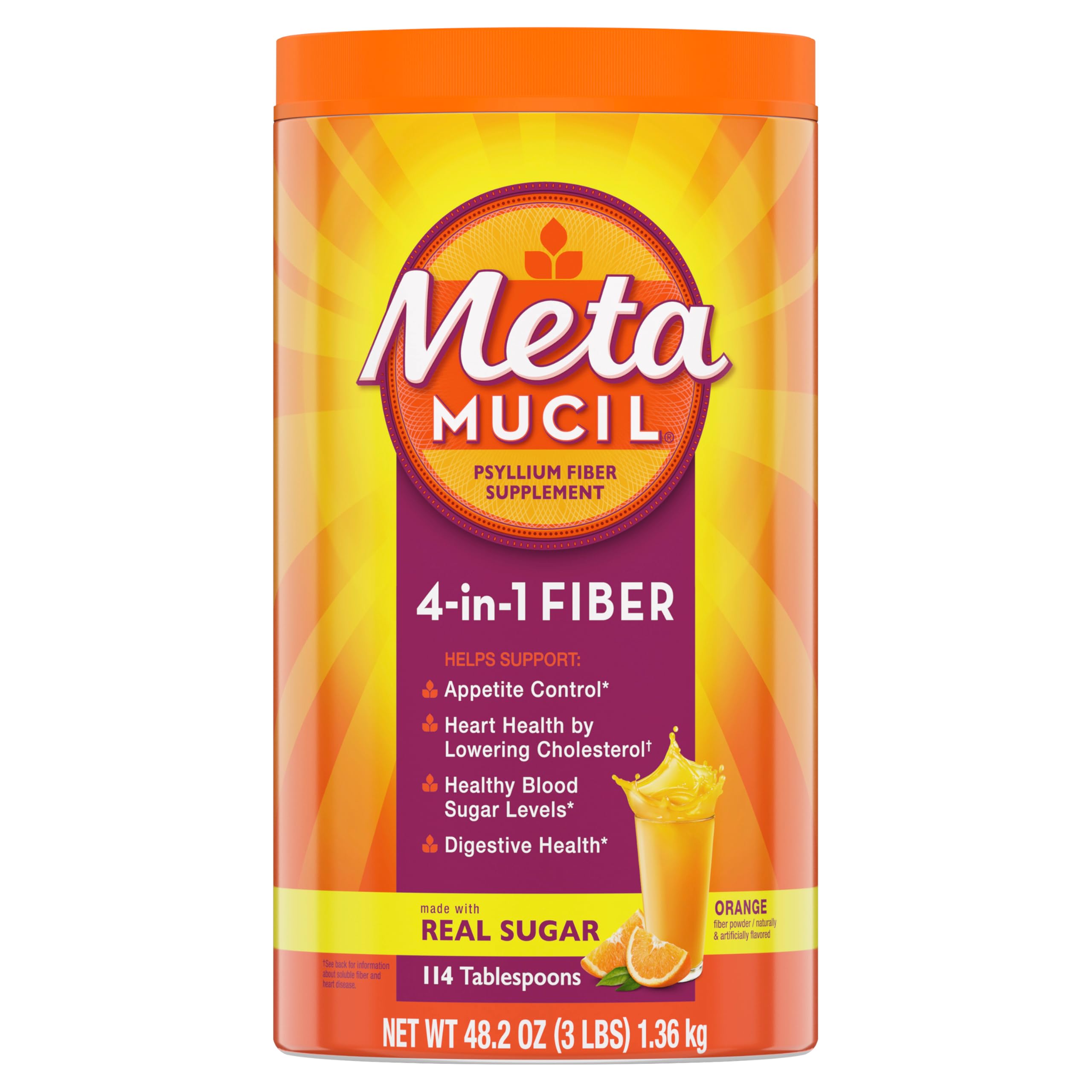 Metamucil 4-in-1 Psyllium Husk GLP-1 Friendly Fiber Supplement, Real Sugar, 114 tablespoons, Orange Flavored, Daily Fiber Powder for Digestive Health, made with Plant-Based Psyllium Husk Fiber