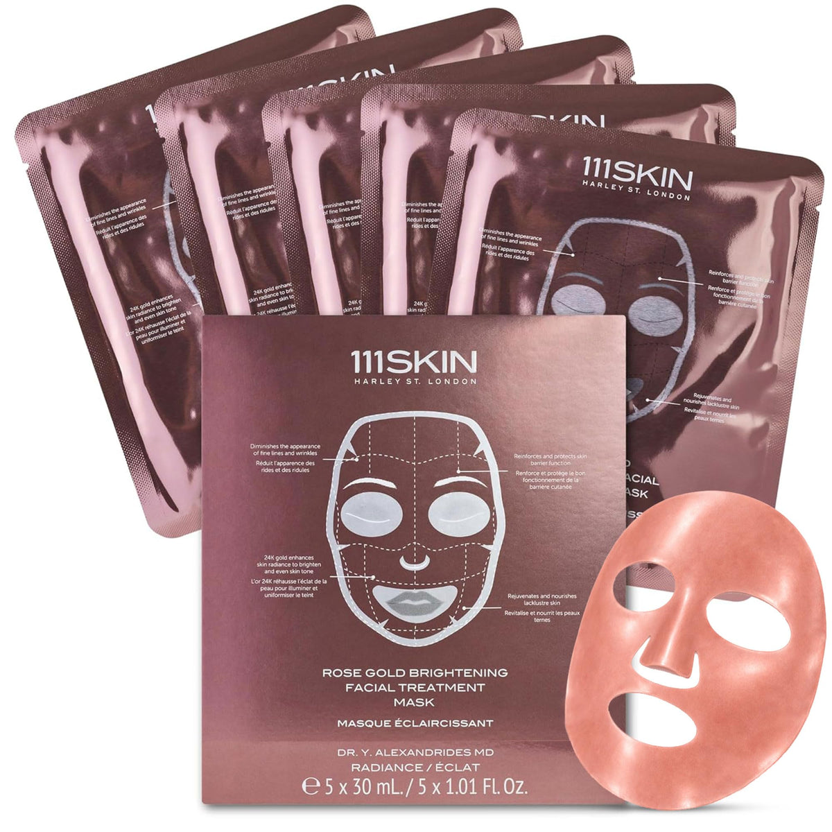 111SKIN Rose Gold Brightening Facial Treatment Mask | Fragrance Free | The Ultimate Pre-Event Mask | For Hydration & Radiance | Set of 5 (1.01 oz each)