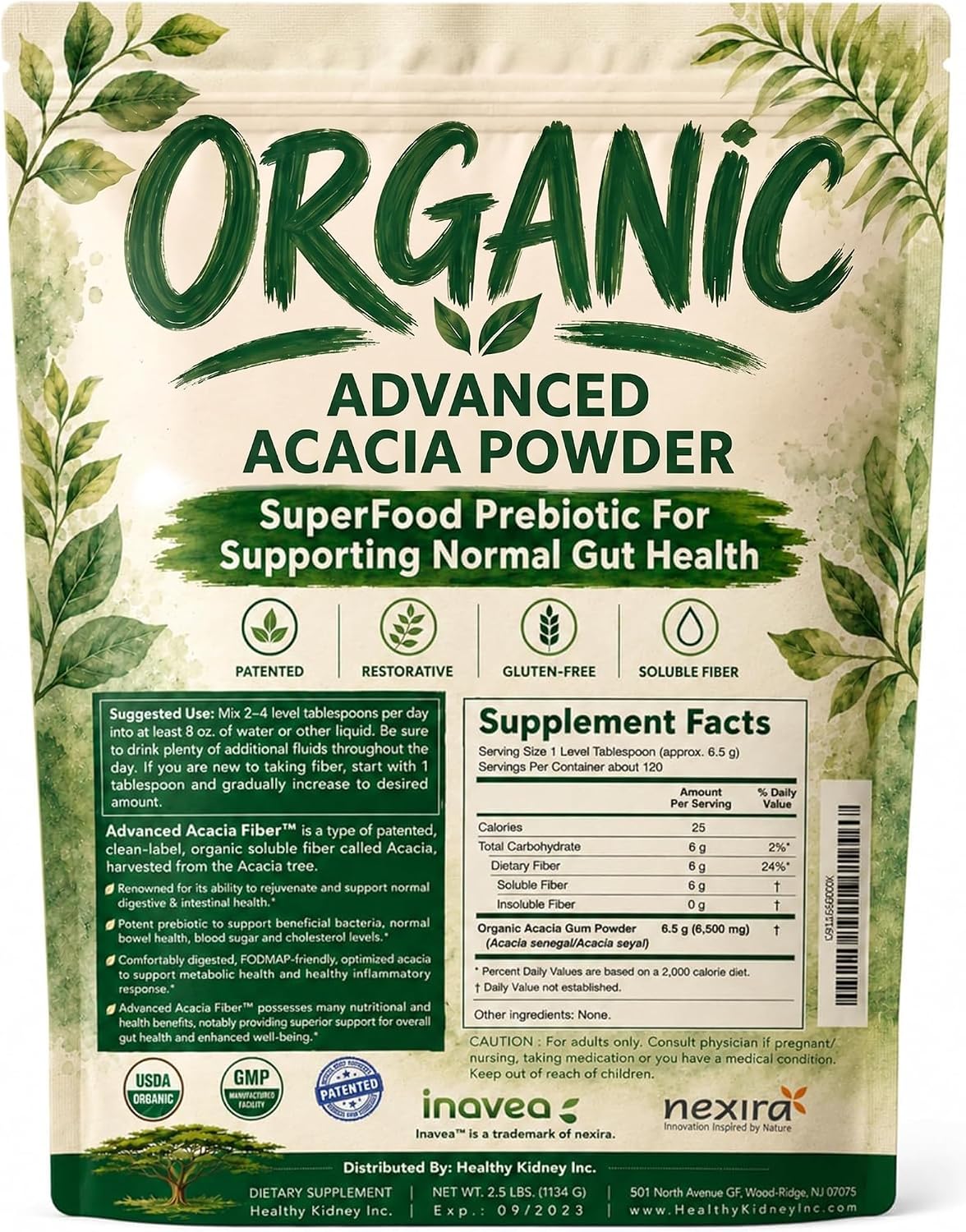 Organic Advanced Acacia Fiber Powder 40oz (2.5 lbs) - Soluble Fiber Leaky Gut Repair Powder. Natural Supplement for Gut Health, Regularity, Digestive Rejuvenation