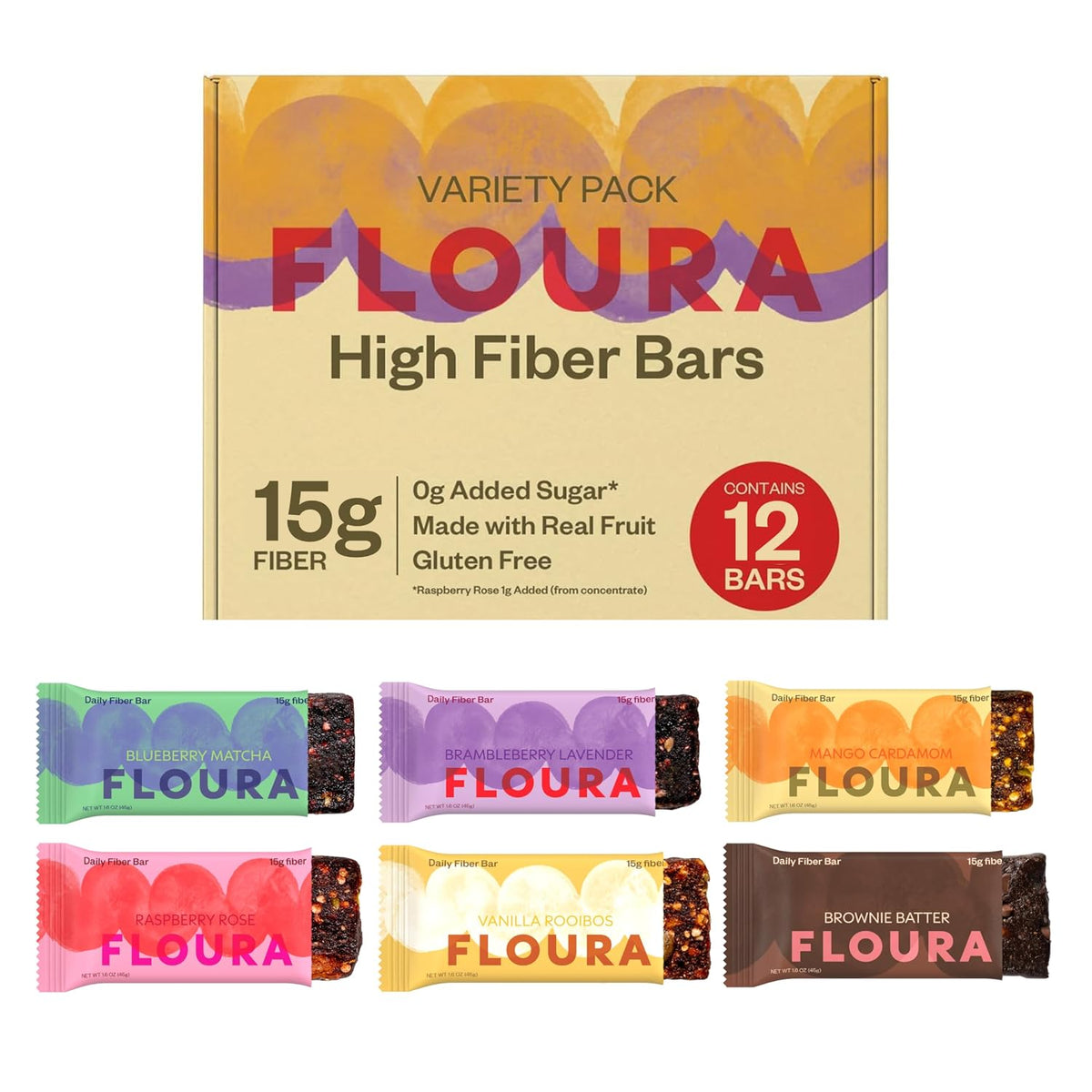 Floura Variety Pack Fiber Bars – 15g Diverse Fiber (12 Pack, 2 of Each)