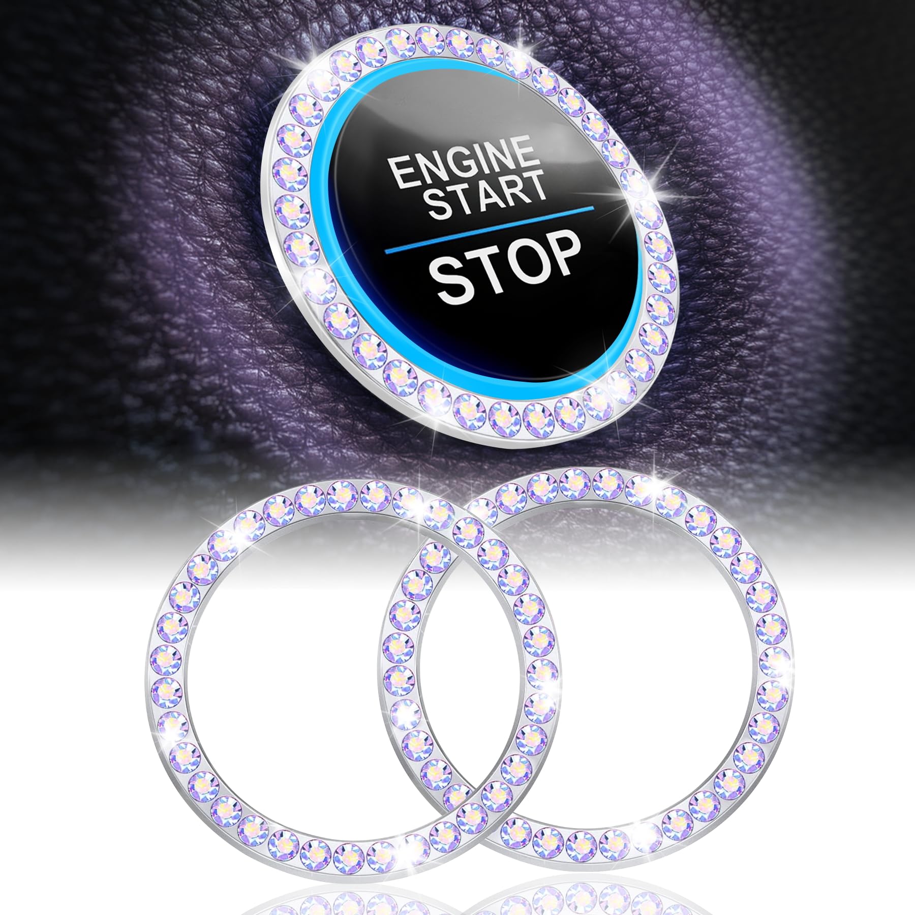 LivTee 2 PCS Crystal Rhinestone Car Engine Start Stop Decoration Ring, Bling Car Interior Accessories for Women, Push to Start Button Cover Sticker, Automotive Decals, Colorful