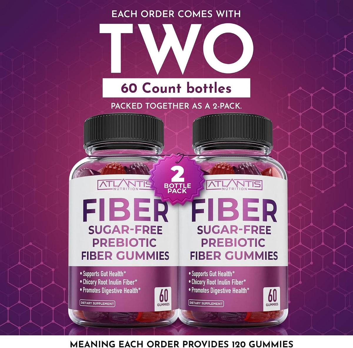 Atlantis Nutrition Sugar Free Fiber Gummies for Adults - 5G Fiber Supplement Formulated with 5.4G Prebiotic Digestive Blend/Serving - Supports Gut Health & Healthy Digestion - 2-Pack 120 Gummies