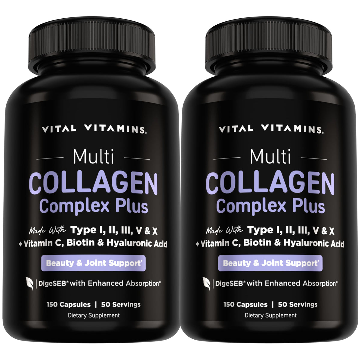 Vital Vitamins Multi Collagen Plus (2-Pack) - with Biotin, Hyaluronic Acid, Vitamin C - Type I, II, III, V, X - for Women & Men - Hair, Skin, Nails Beauty Complex