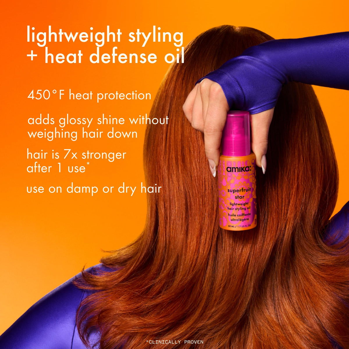 amika superfruit star lightweight hair styling + heat defense oil, 1.7oz | heat protection, strengthen + reduce breakage, smooth frizz, add glossy shine