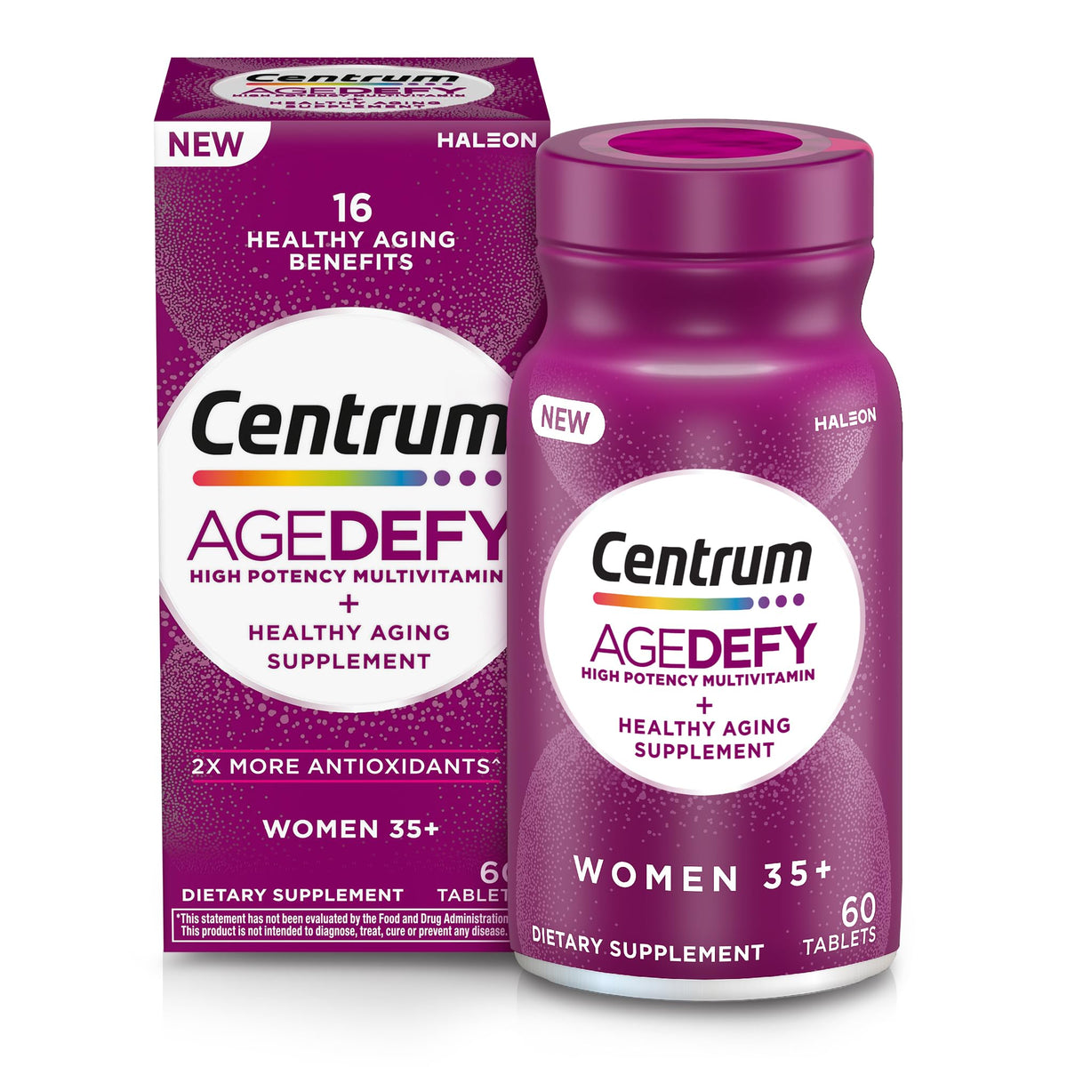 Centrum Age Defy for Women 35+ - High-Potency Multivitamin and Healthy Aging Supplement – Multivitamin with Resveratrol, and Niacin for NAD+ Level Support - Aluminum Bottle, 60 Tablets
