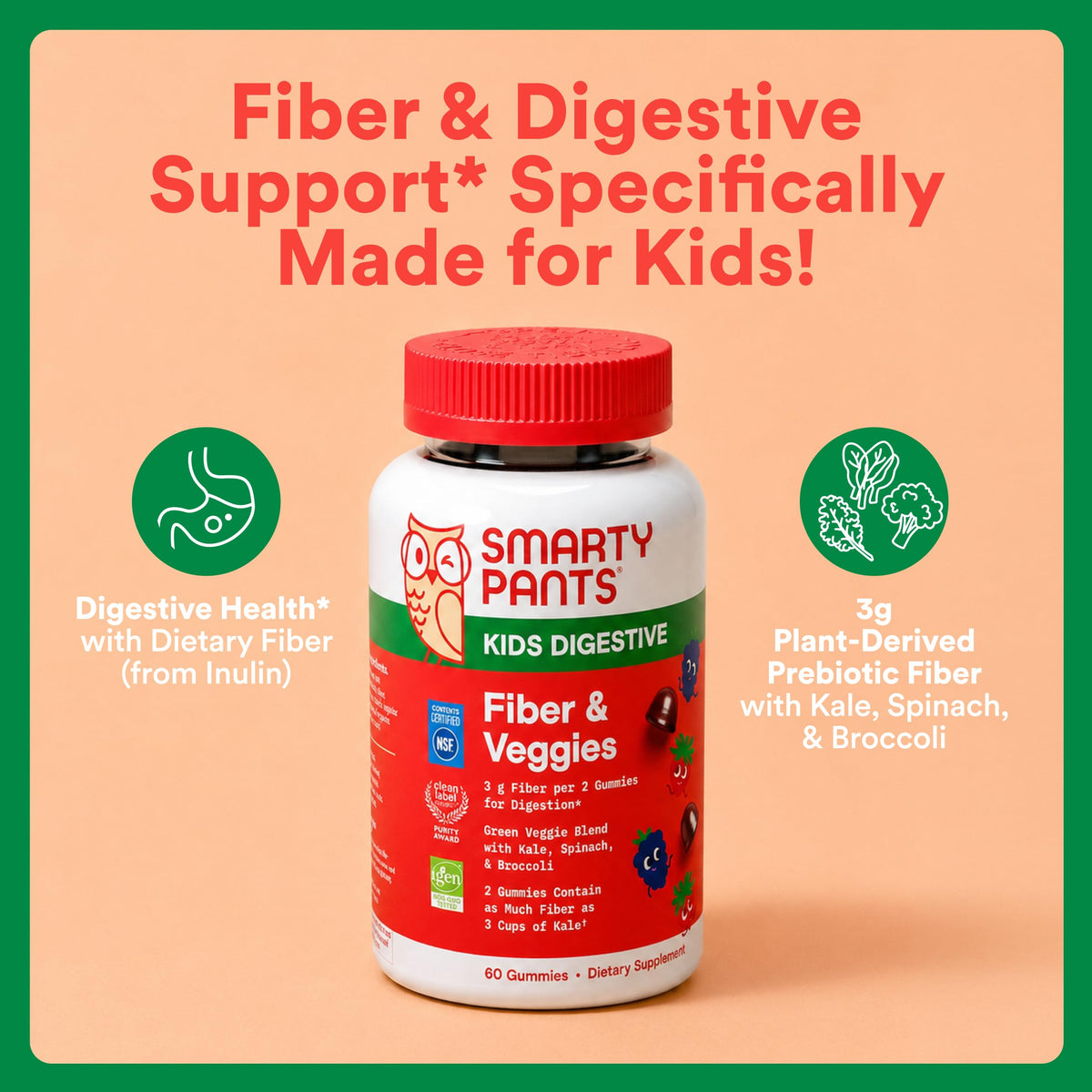SmartyPants Kids Fiber & Veggies: Prebiotic Fiber Gummies for Kids, Fiber Supplement with Inulin, Organic Green Veggie Blend, Vegan, Gluten Free, Mixed Berry Flavor, 60 Count (30 Day Supply)