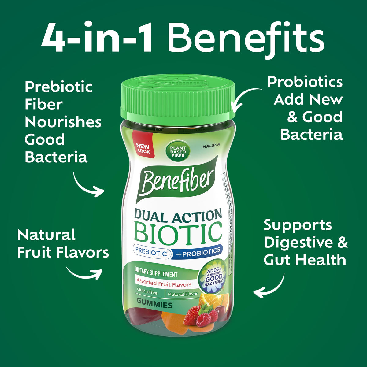 Benefiber Prebiotic GLP-1 Friendly Fiber Supplement Gummies with Probiotics for Digestive Health, Assorted Fruit Flavors - 50 Count