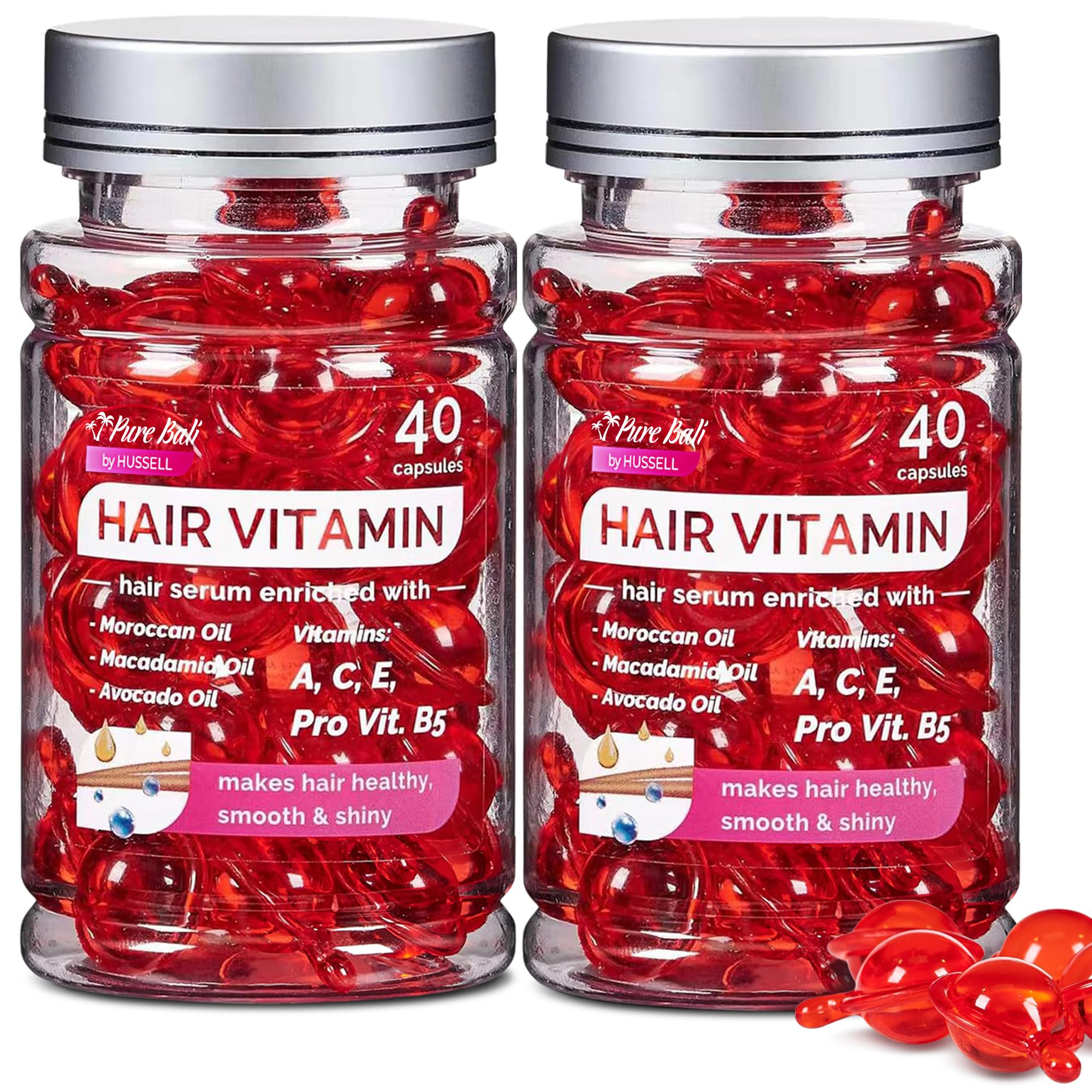 Hair Oil Capsules - Hair Vitamins A, E, & Pro B5 - Serum Enriched with Argan Oil, Macadamia, Avocado Oils & Moroccan Oil for All Hair Types Frizzy, Dry, Curly - For Women & Men (80 Capsules)
