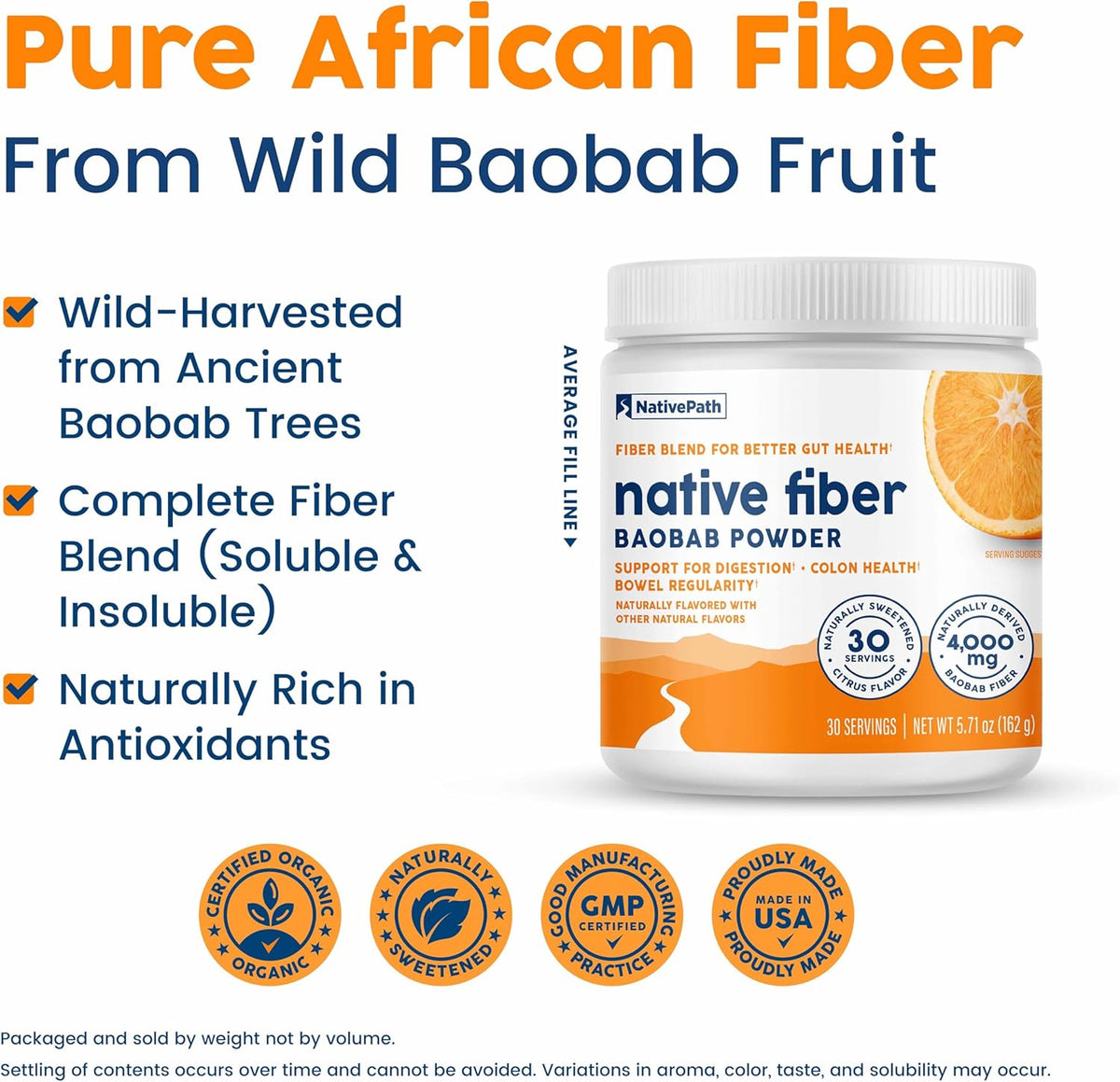 NativePath Baobab Prebiotic Fiber, Orange, Sugar-Free, 30 Servings