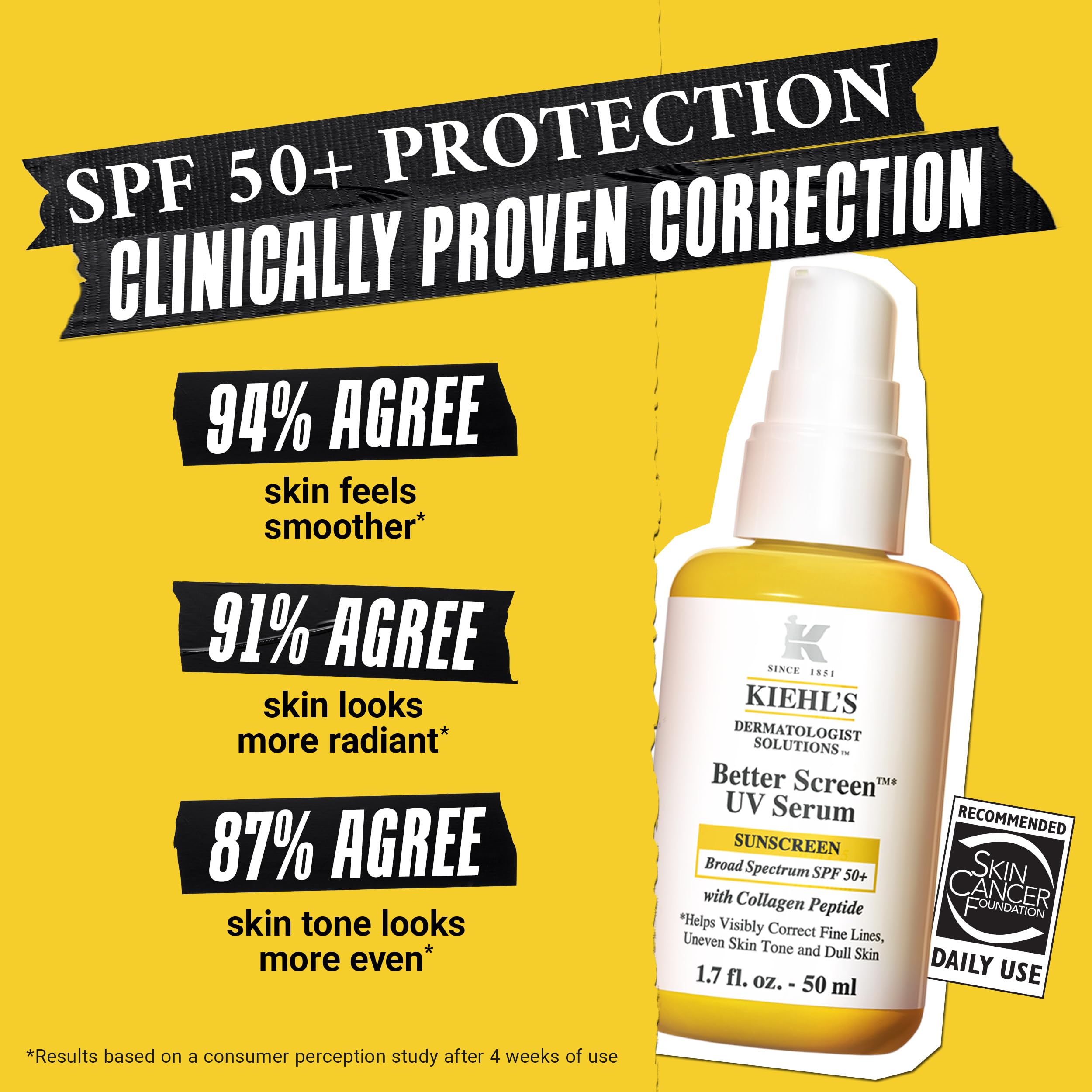 Kiehl's SPF 50+ Sunscreen Serum for Face, Better Screen Facial Sunscreen with Collagen Peptides, No White Cast, For All Skin Types, Shields UVA/UVB, Correcst Signs of Aging - Wrinkles & Smoothness