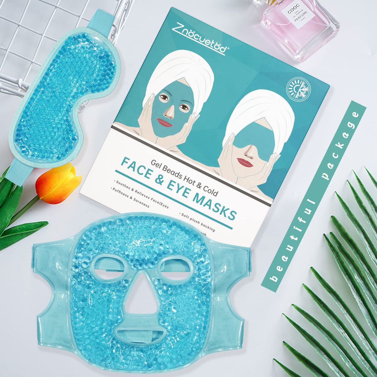 ZNÖCUETÖD Cooling Ice Face Eye Mask for Reducing Puffiness, Bags Under Eyes,Sinus,Redness,Pain Relief,Dark Circles, Migraine,Hot/Cold Pack with Soft Plush Backing Gift for Women