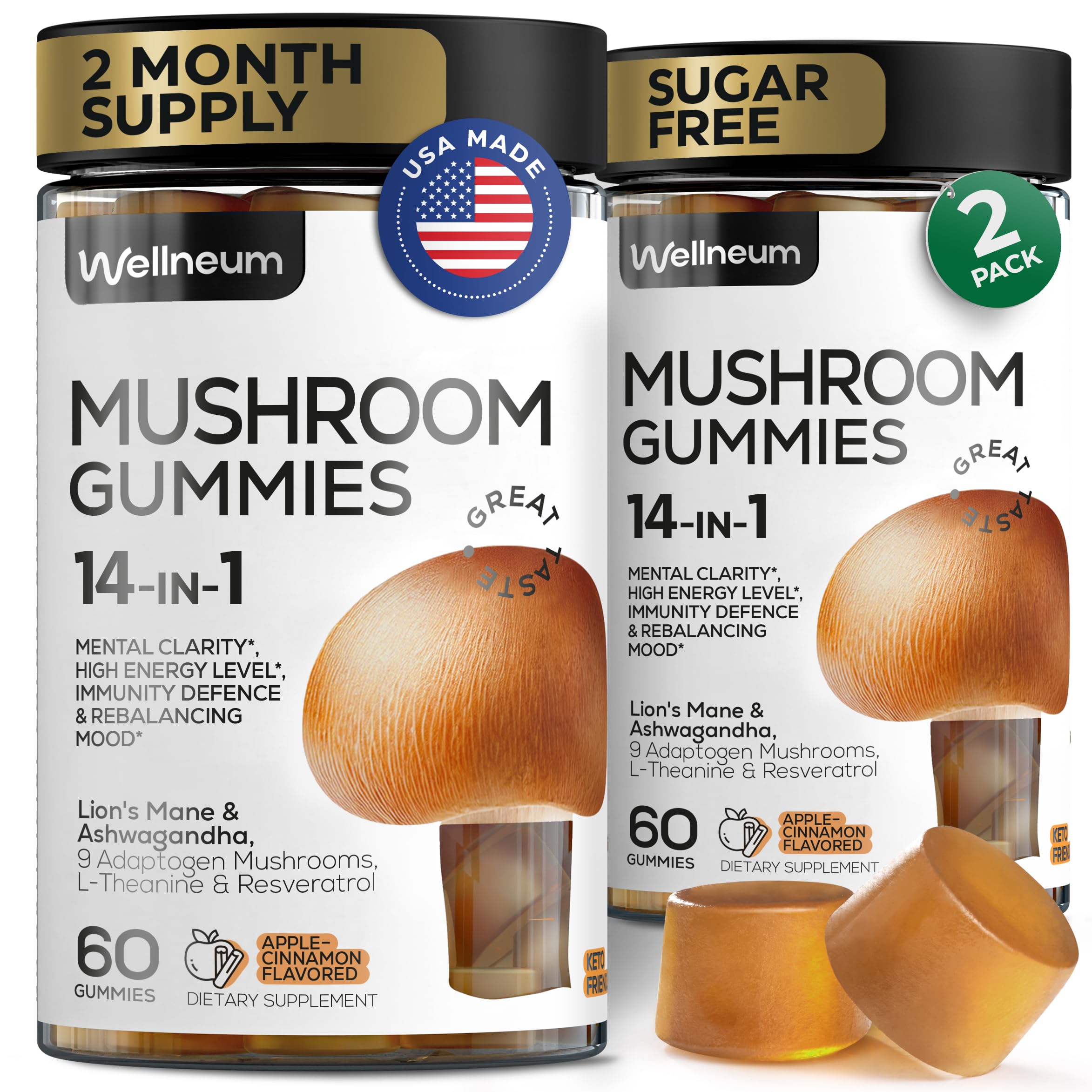 Wellneum Mushroom Gummies120 Pcs (2 Pack) - Lion's Mane and 9 Adaptogenic Mushrooms Blend - Ashwagandha, L-Theanine - Mushroom Gummies for Energy, Immunity, Focus, Brain Boost - No Sugar and GMO