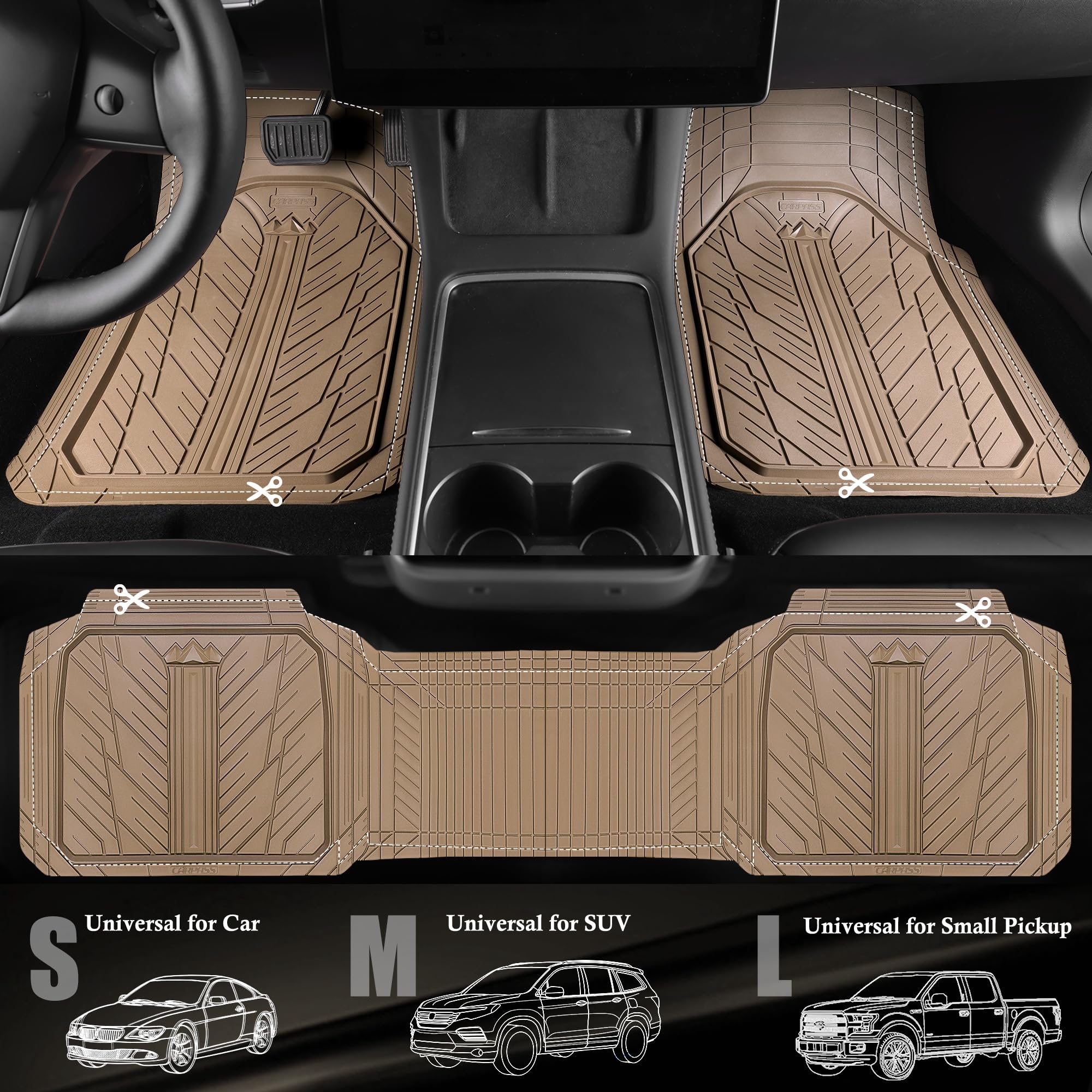 CAR PASS Heavy Rubber Car Floor Mats, Deep Waterproof Car Mats All Weather, Universal Trim-to Fit Automotive Floor Mats for Car SUV Truck Van, Durable Floor Liners All Beige