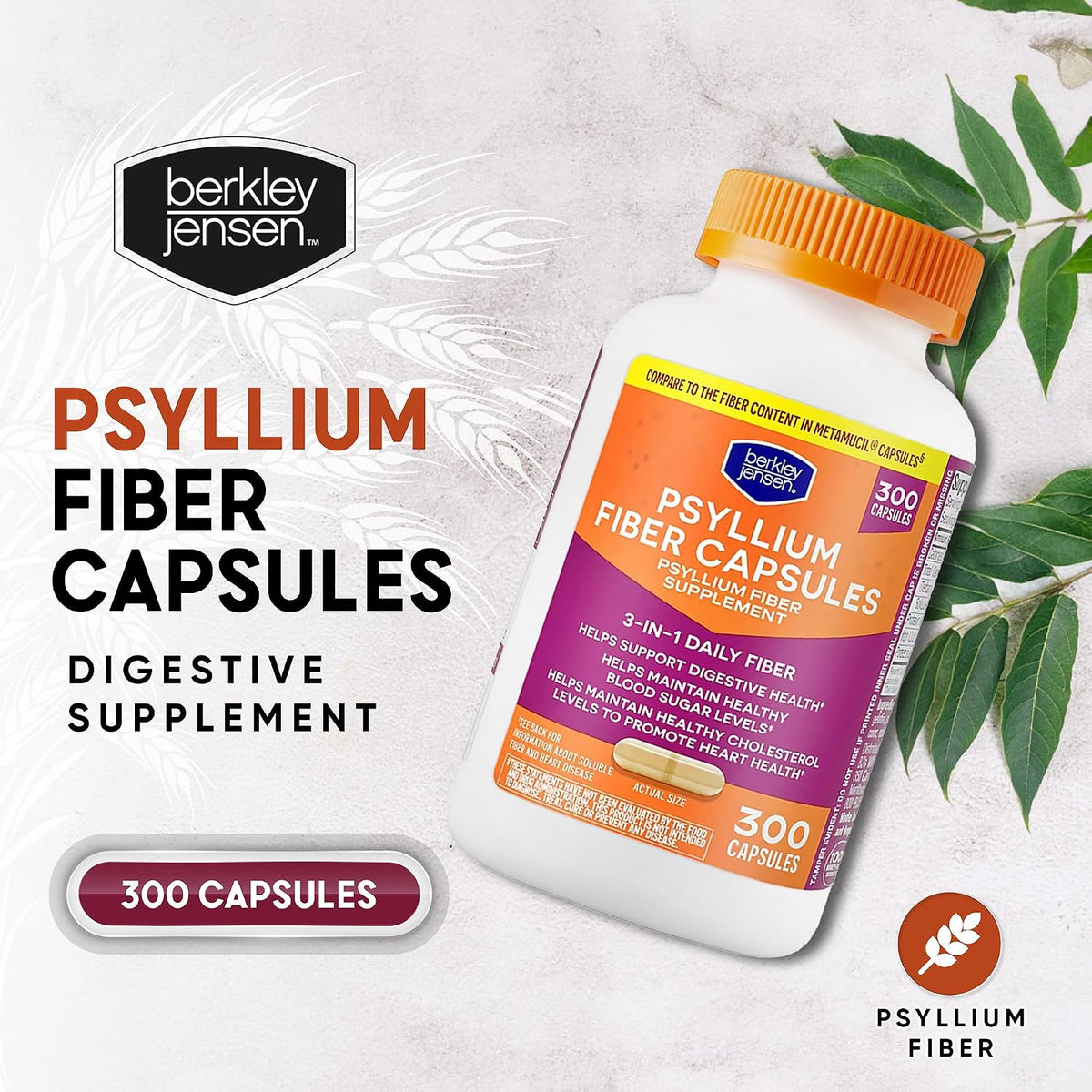 berkley jensen Psyllium Husk Fiber Capsules, 3-in-1 Natural Fiber Supplement for Men & Women, Daily Psyllium Husk Help Support Digestive Health, Promote Regularity, Made in USA, 300 Count (Pack of 1)