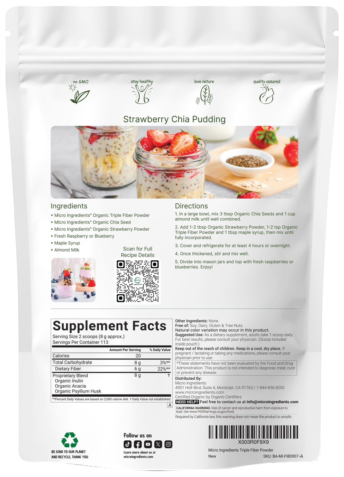 Micro Ingredients Organic Triple Fiber Powder, 2lb | Natural Prebiotic to Support Digestive & Gut Health | Soluble, Easily Digestible | Unflavored, Vegan