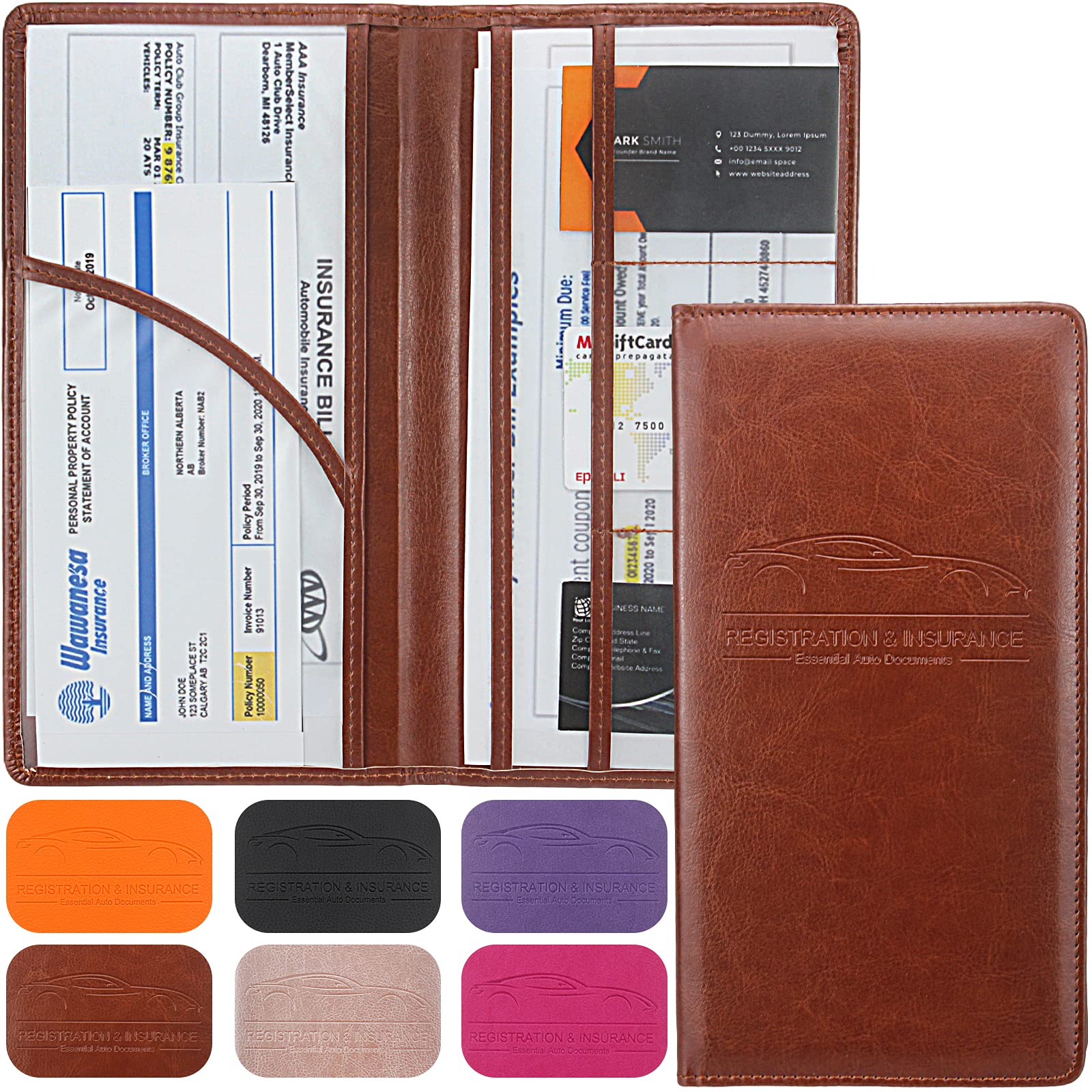 LumiMokki Premium Car Registration & Insurance Card Holder with Magnetic Shut, Vehicle Glove Box Car Organizer - For Documents, Cards, License (Brown)