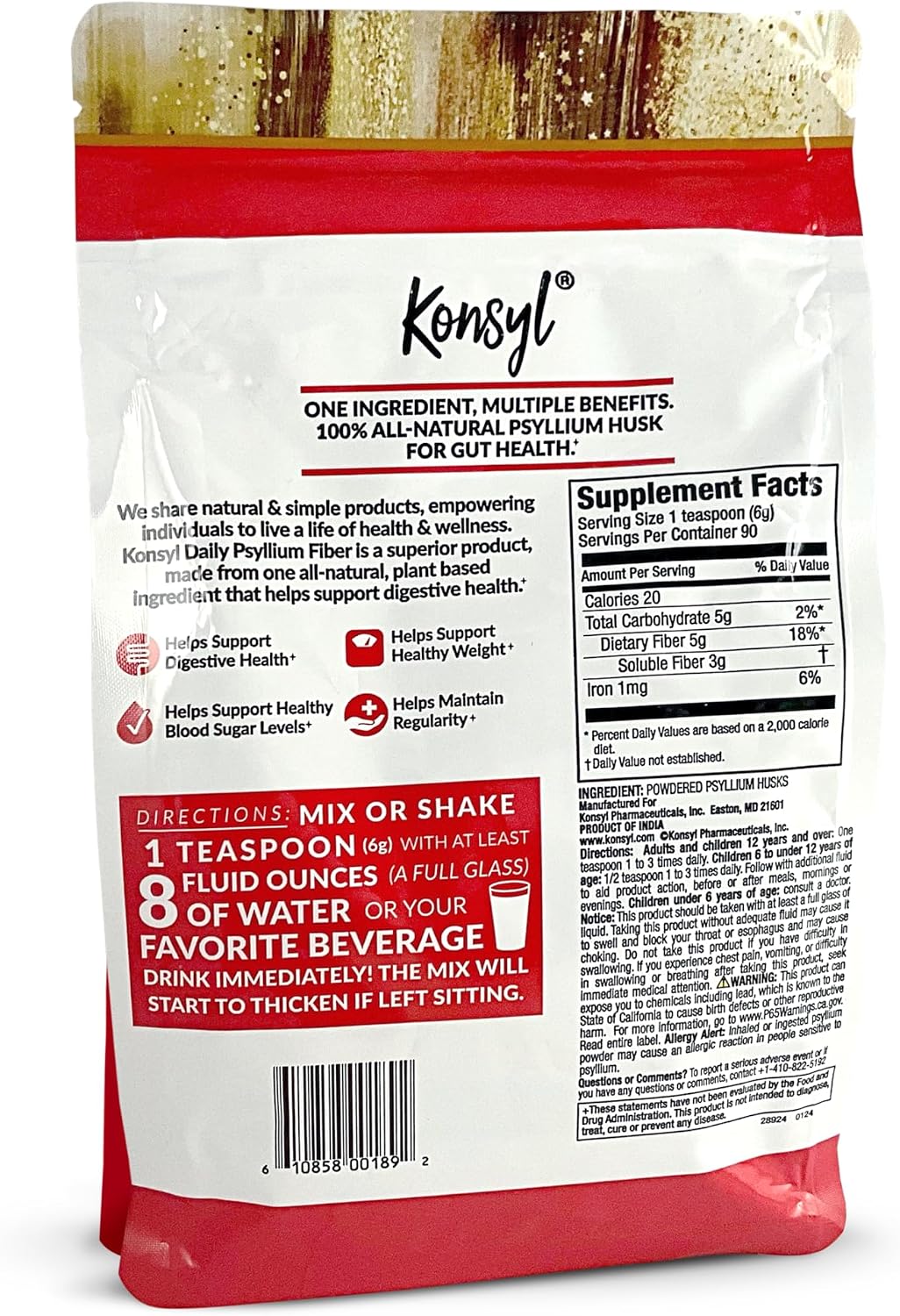 Konsyl Daily Psyllium Fiber Powder - 19oz, 90 Servings, Natural Unflavored Soluble Dietary Fiber Supplement - Psyllium Husk Prebiotic for Digestive Support and Gut Health - Sugar Free, Keto & Vegan