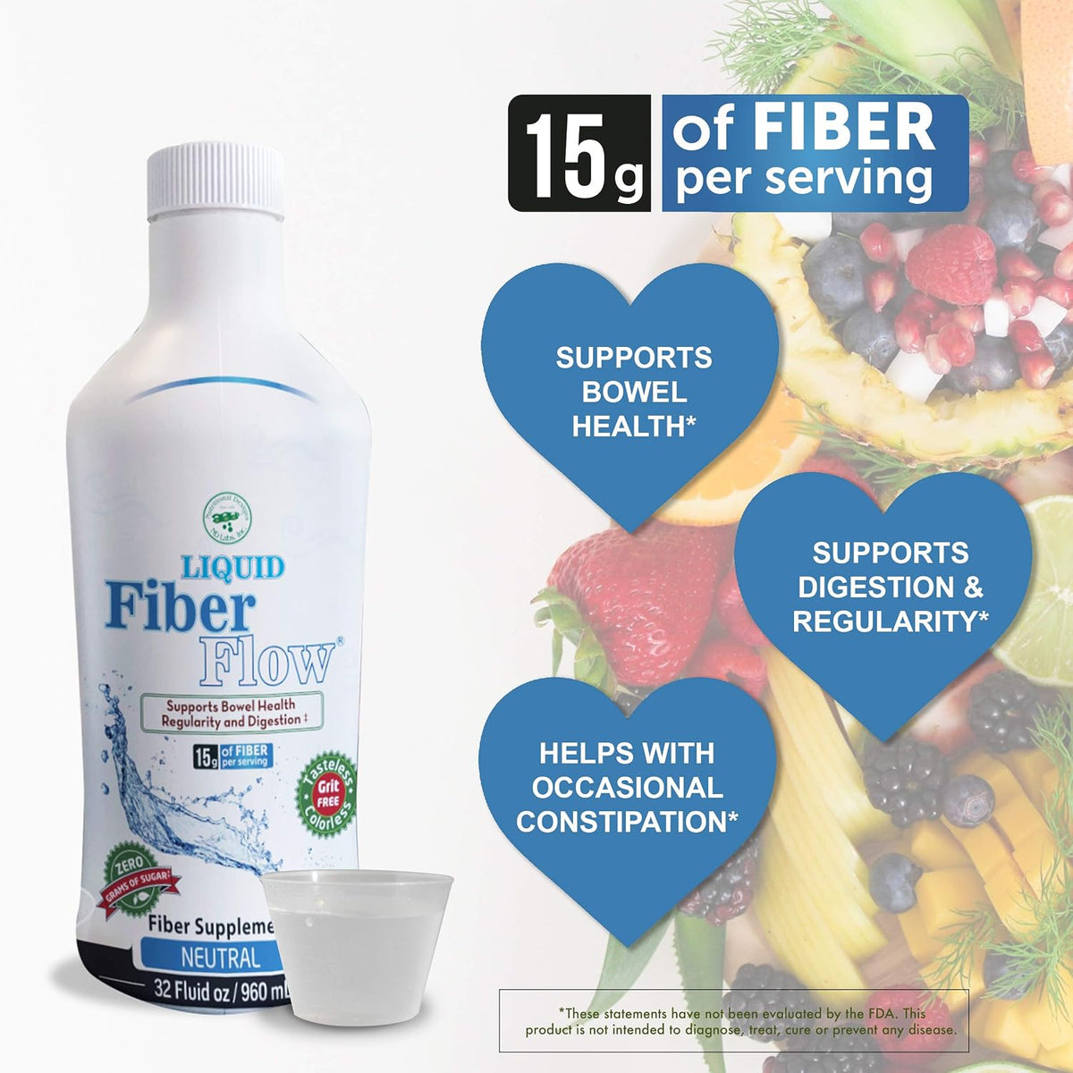 Nutritional Designs Liquid Fiber Supplement, Sugar-Free Prebiotic Inulin Fiber, Fiber Drink Mix, Natural Bowel Regularity Drink for Healthy Intestinal Balance (32 oz Bottle, Neutral)