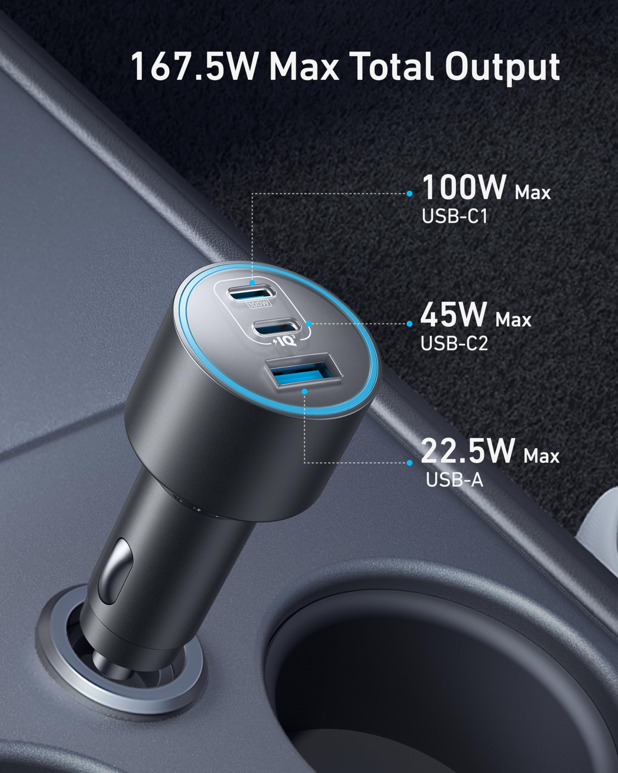 Anker iPhone 17 USB-C Car Charger, 167.5W Max 3-Port Ultra-Compact Type-C Fast Car Charger for MacBook Pro/Air, iPhone 17/16/15 Series, Samsung S25/S26, iPad Pro, AirPods and More