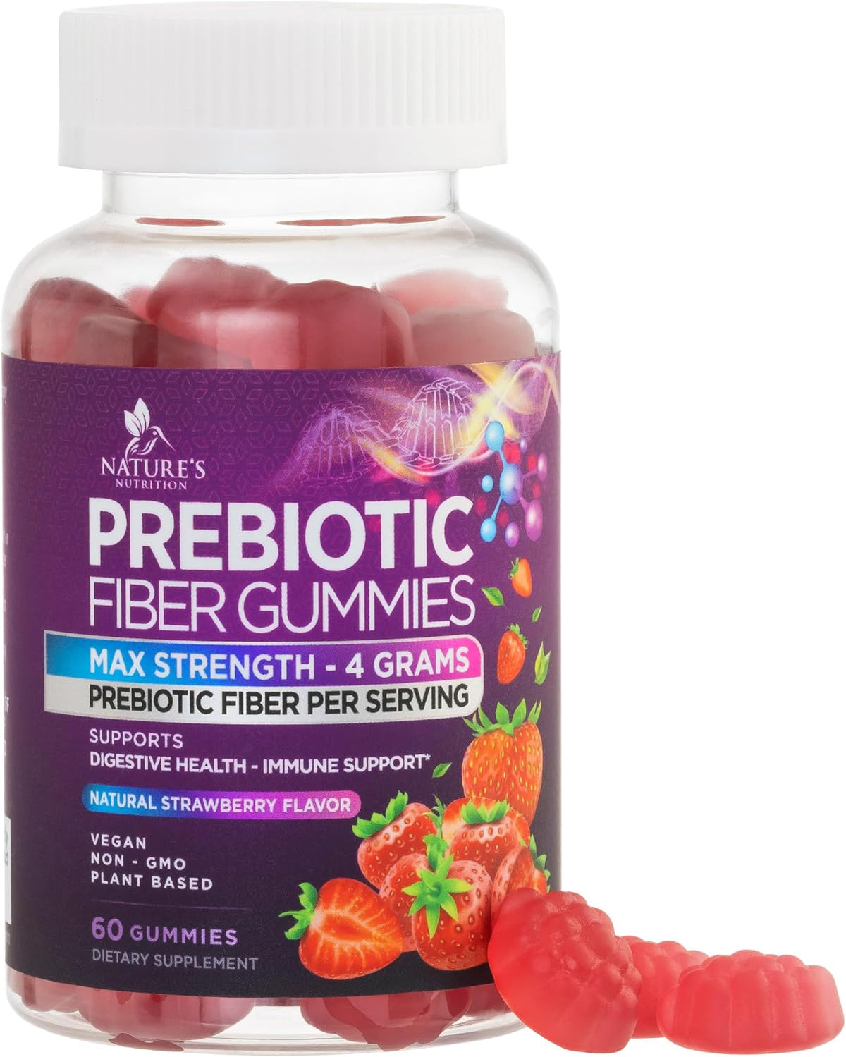 Fiber Gummies For Adults - Prebiotic Plant Based Fiber 4g Per Serving Gummy Supplement - Daily Digestive Health and Regularity Support - Gut Support Gummy Plant Based Digestion Support - 60 Gummies