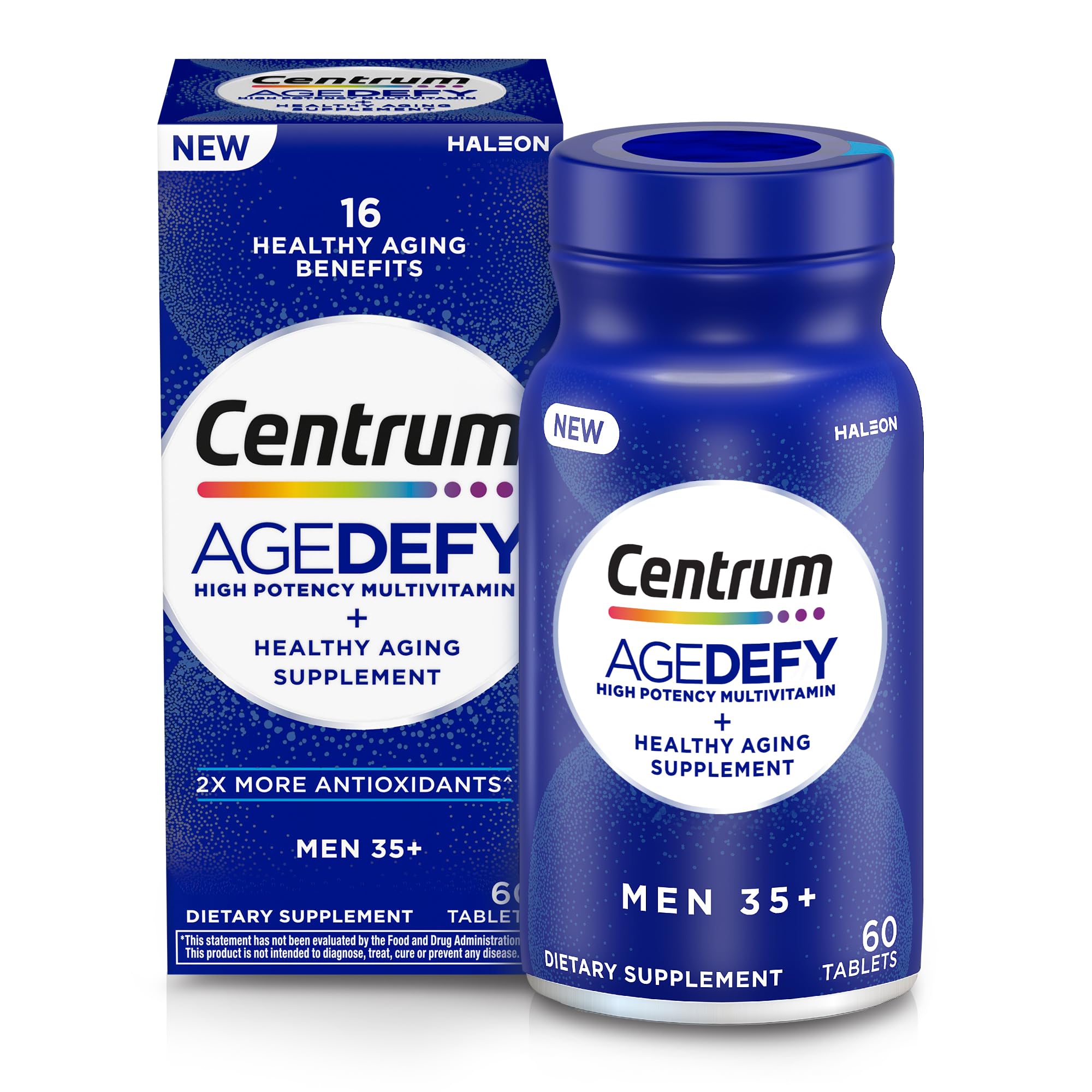 Centrum Age Defy for Men 35+ - High-Potency Multivitamin and Healthy Aging Supplement – Multivitamin with Resveratrol, and Niacin for NAD+ Level Support - Aluminum Bottle, 60 Tablets