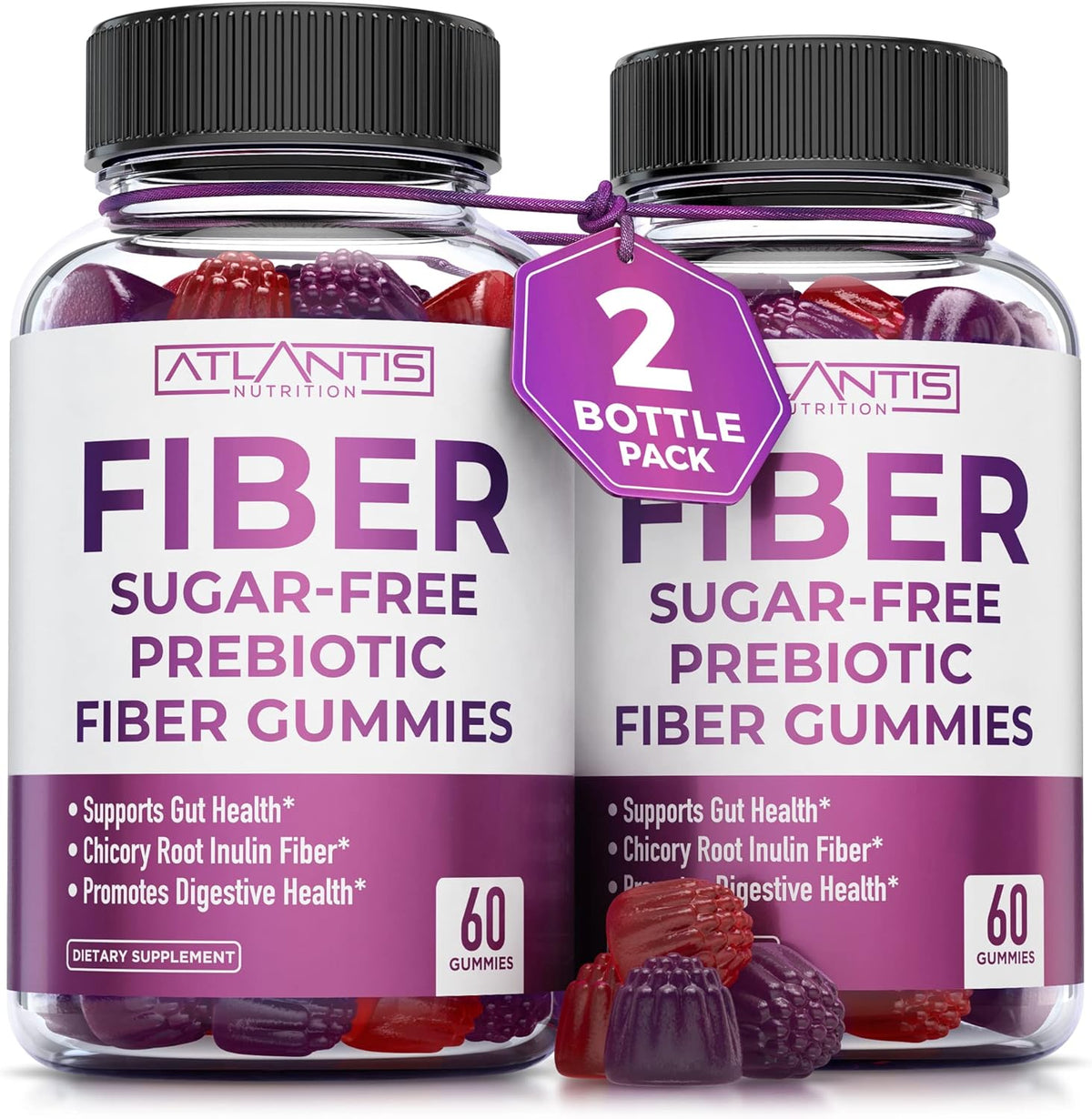 Atlantis Nutrition Sugar Free Fiber Gummies for Adults - 5G Fiber Supplement Formulated with 5.4G Prebiotic Digestive Blend/Serving - Supports Gut Health & Healthy Digestion - 2-Pack 120 Gummies