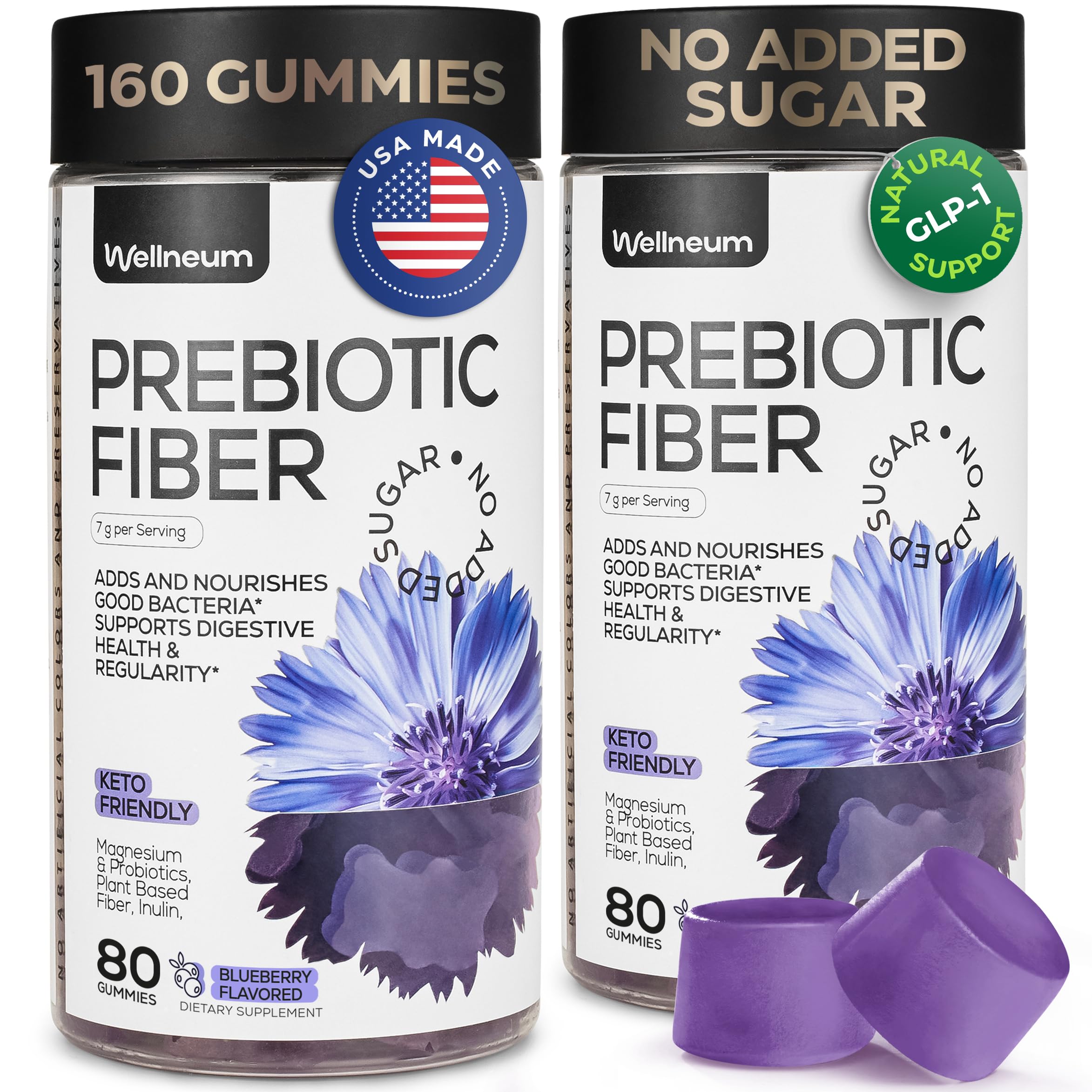 High Prebiotic Fiber Gummies for Women and Men 7G, 160 Pcs (2 Pack) - Natural GLP-1 Support - Beet FOS Fiber, Magnesium, Inulin, Probiotic - Gummy Supplement for Digestive Health - Sugar Free