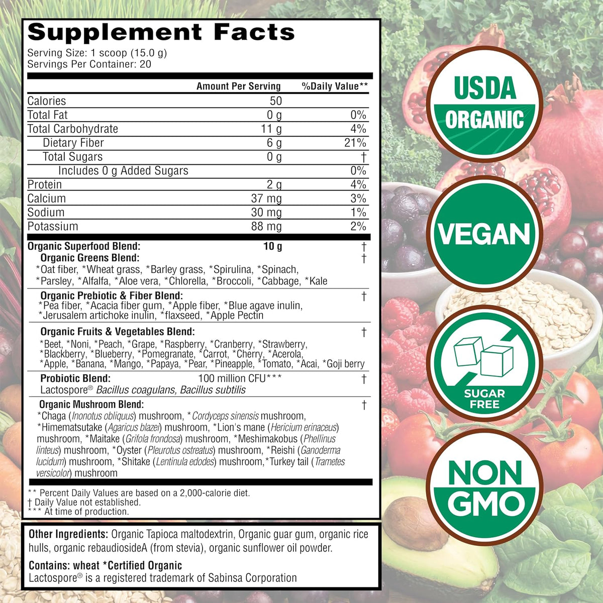 Country Farms Organic Super Greens Powder, 50 Organic Superfoods, Daily Greens Drink Mix with Fruits, Vegetables, Fiber, Probiotics & Mushrooms, Supports Energy, Gut Health & Digestion, Natural Flavor