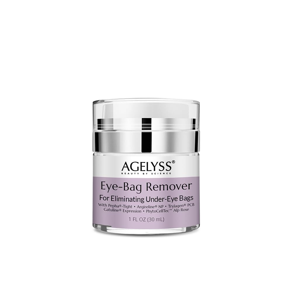 A 1 fl oz tube of Agelyss Eye-Bag Cream, a premium vegan treatment for smoothing and depuffing the under-eye area.