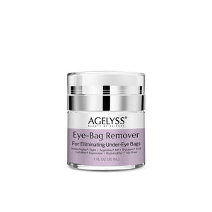 A 1 fl oz tube of Agelyss Eye-Bag Cream, a premium vegan treatment for smoothing and depuffing the under-eye area.