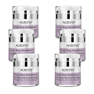 A bundle of 6 Agelyss Eye-Bag Cream tubes, a premium vegan treatment for depuffing and smoothing the under-eye area.