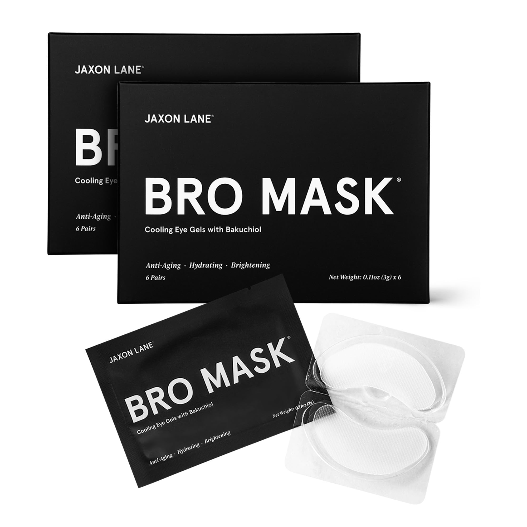 Two boxes of BRO MASK Hydrogel under-eye patches for men, 6 pairs per box, for de-puffing and anti-aging.