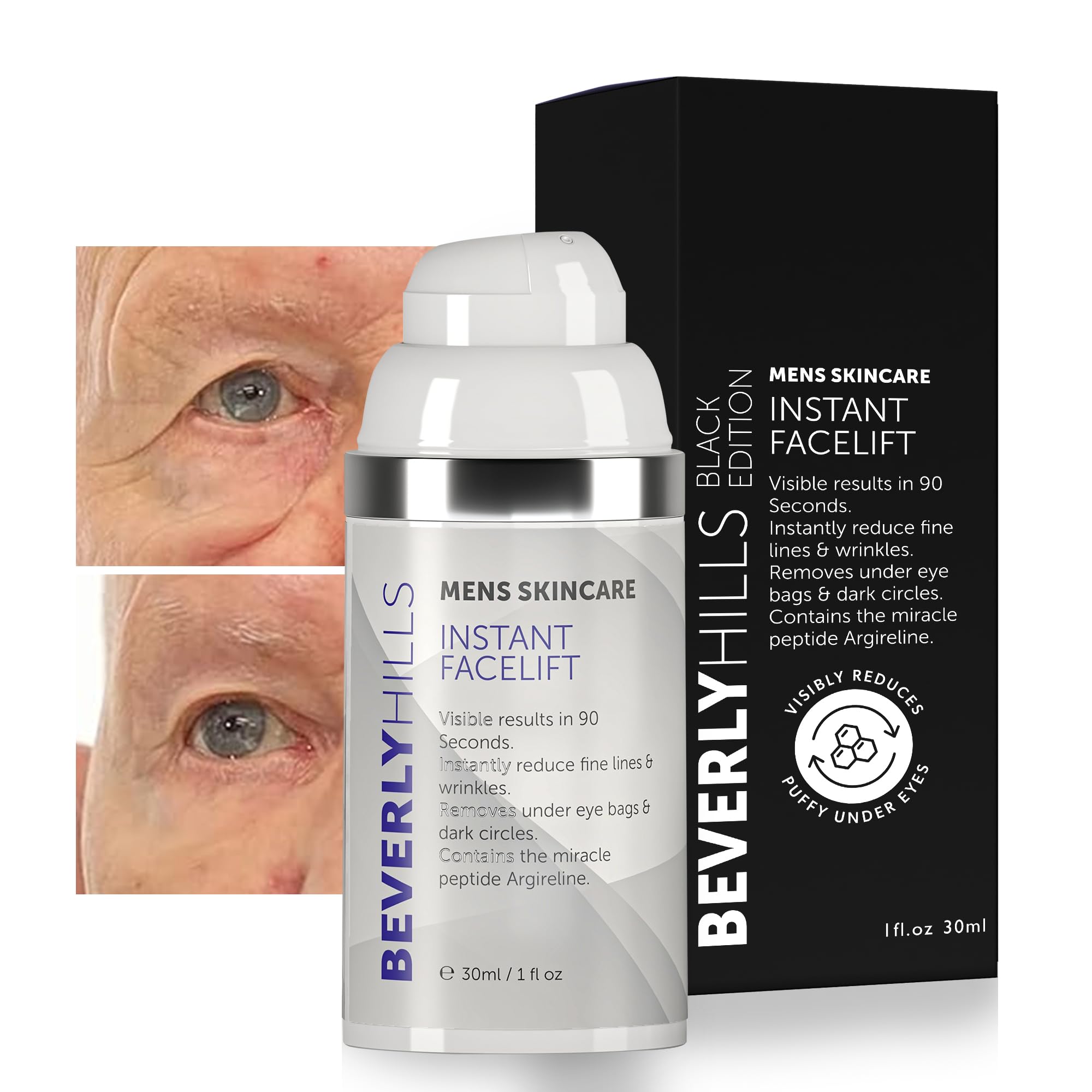 Beverly Hills mens instant facelift and eye serum for dark circles puffy eyes and wrinkle treatment