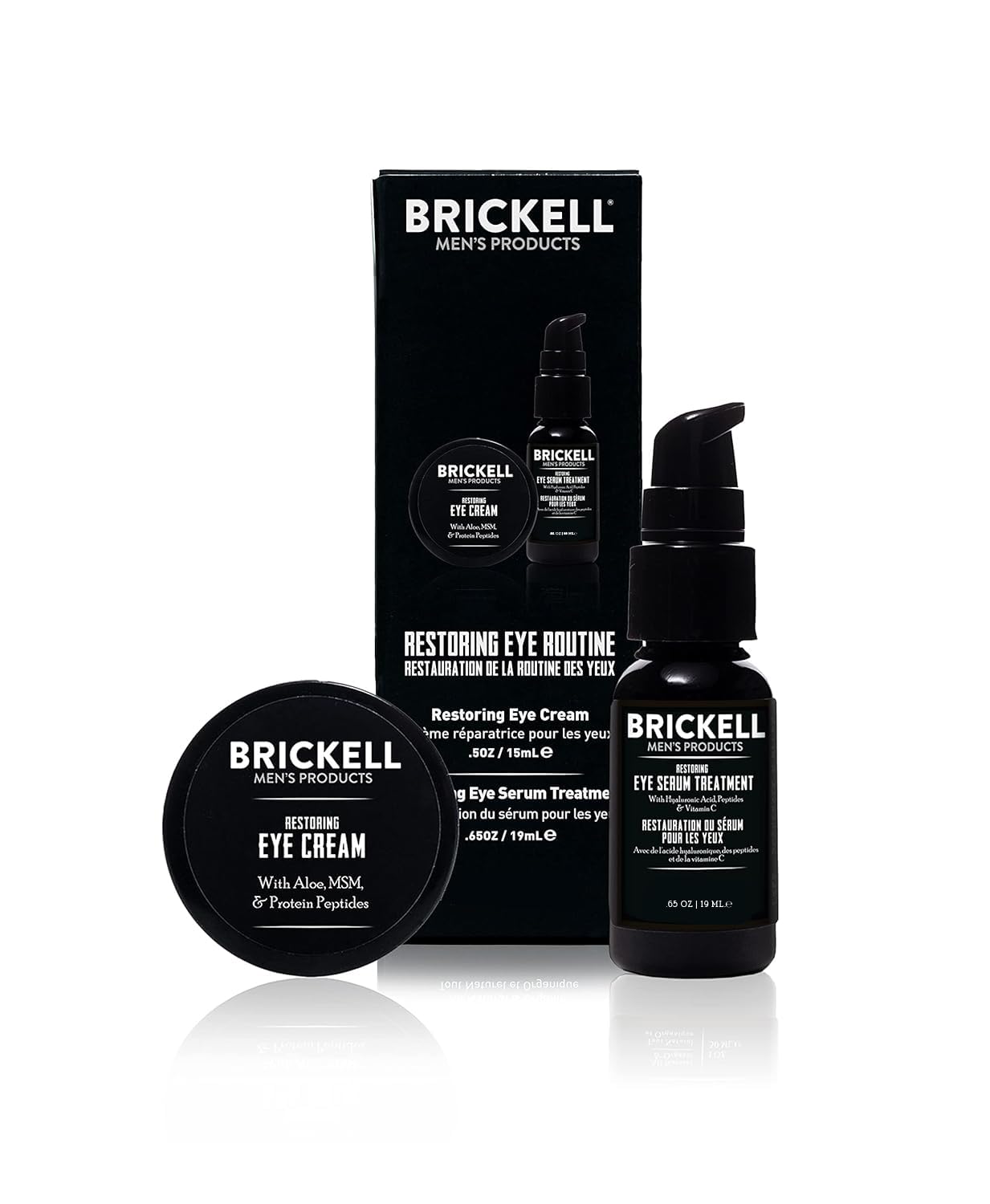 Brickell Men's 2-piece Restoring Eye Routine set featuring the Restoring Eye Balm and Under Eye Serum in professional black packaging.