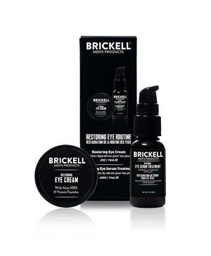 Brickell Men's 2-piece Restoring Eye Routine set featuring the Restoring Eye Balm and Under Eye Serum in professional black packaging.