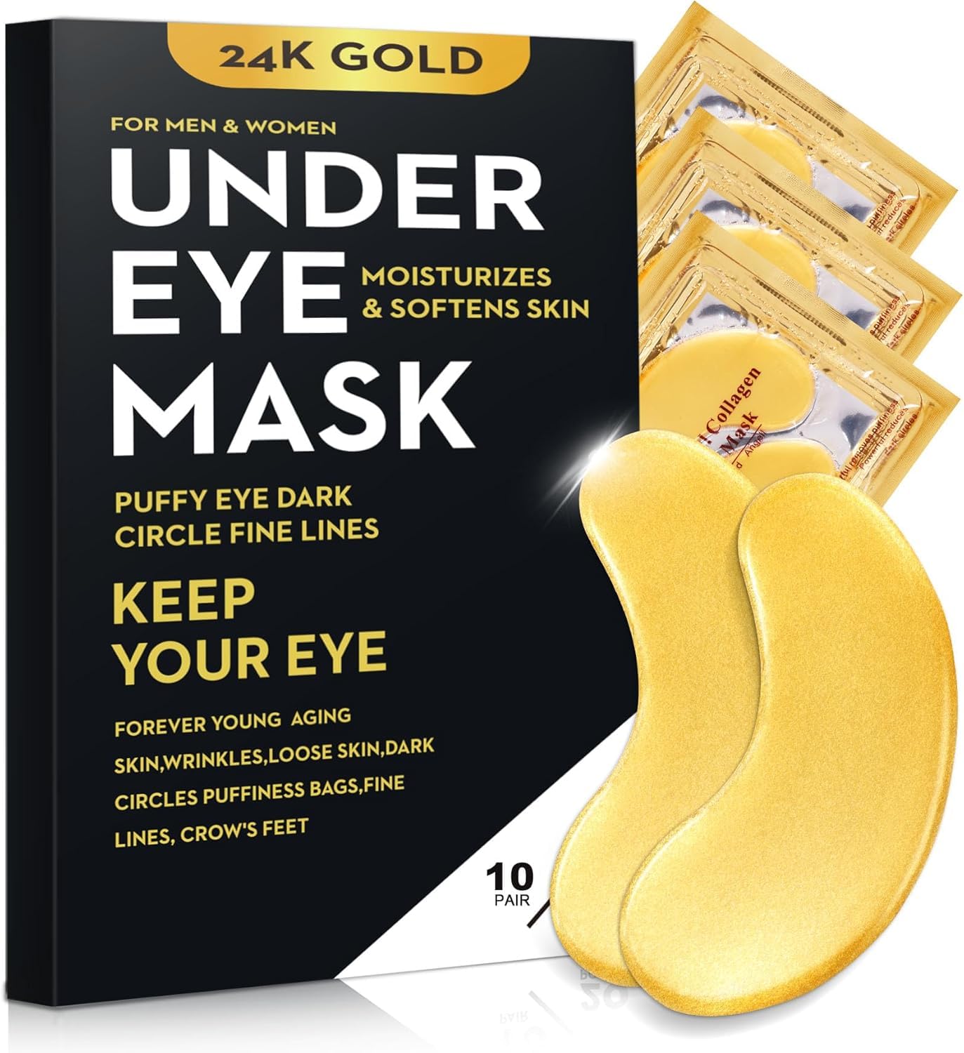 Bukamkom 24K gold eye patches packaging, 10 pairs set for instant eye brightening and depuffing.