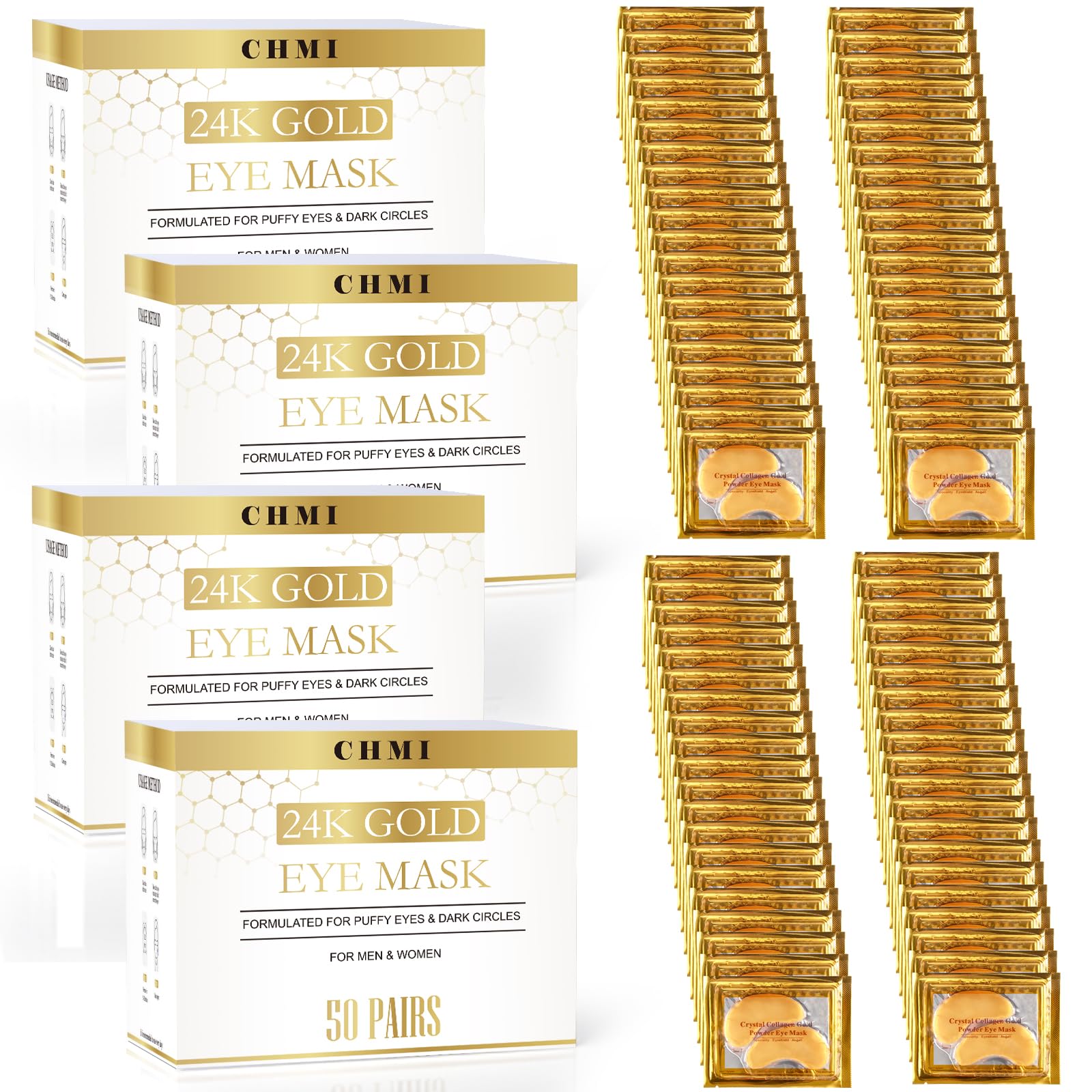 CHMI 24K Gold Under Eye Patches 200 Pairs Collagen Eye Masks for Dark Circles Puffy Eyes Eye Bags and Wrinkles