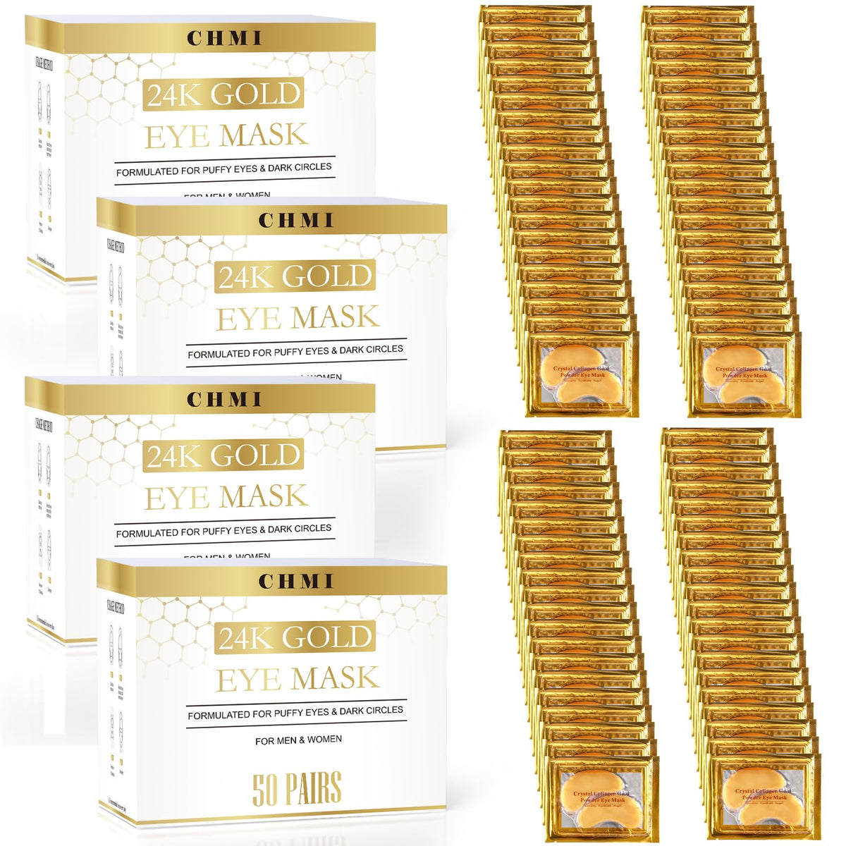 CHMI 24K Gold Under Eye Patches 200 Pairs Collagen Eye Masks for Dark Circles Puffy Eyes Eye Bags and Wrinkles