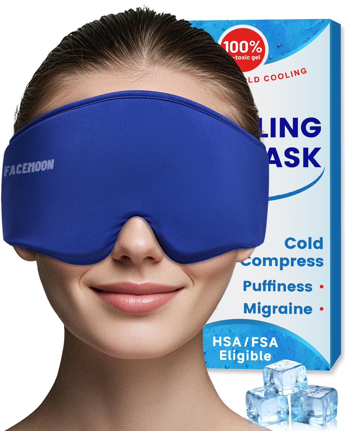 A flexible blue cooling gel eye mask with a soft backing, used for cold compress therapy and sleep.