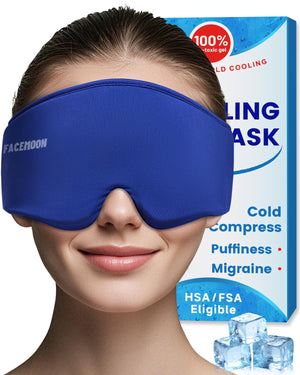 A flexible blue cooling gel eye mask with a soft backing, used for cold compress therapy and sleep.