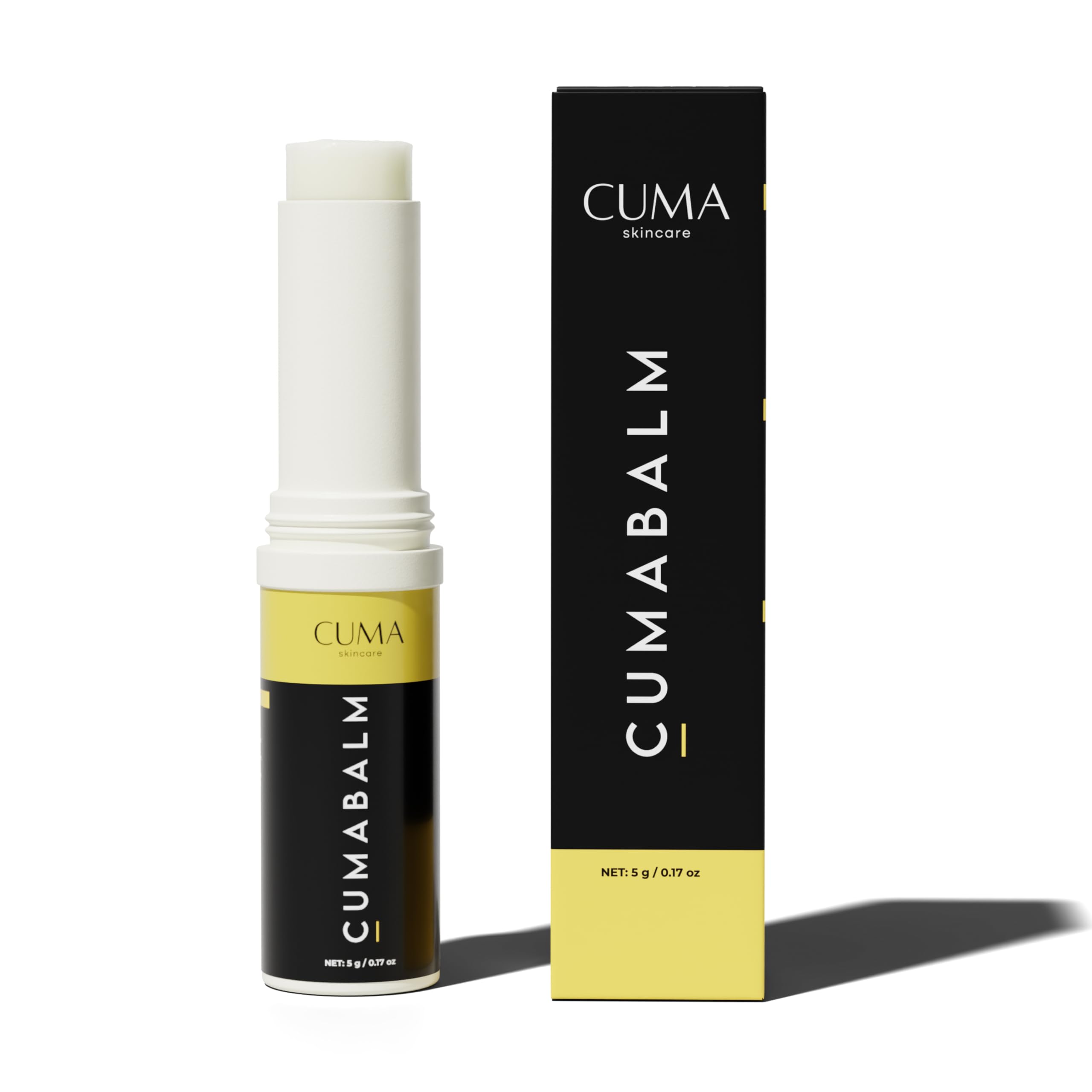 CumaBalm™ vegan eye balm stick featuring turmeric and retinol for brightening dark circles and reducing puffiness.