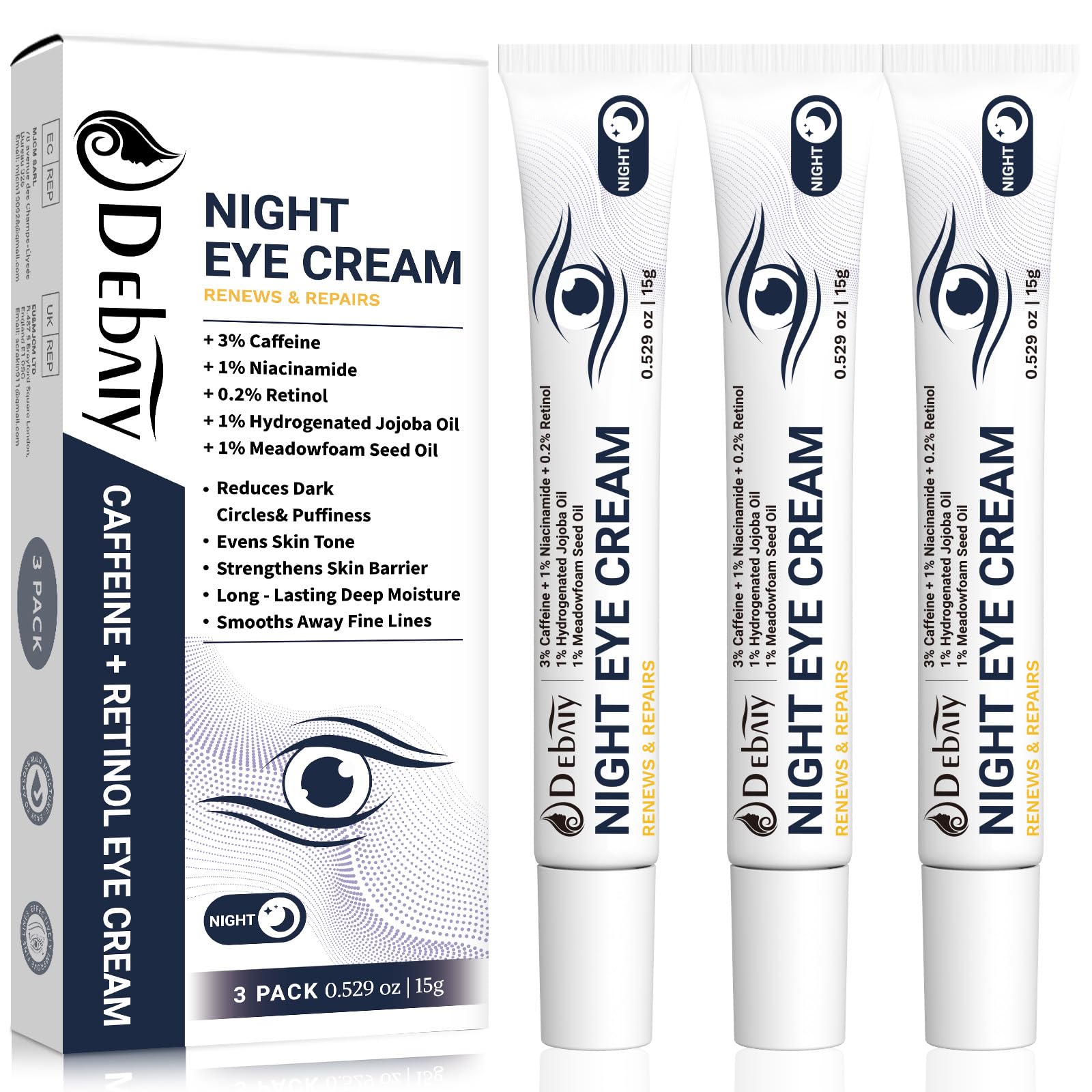 DEBAIY 3 Percent Caffeine Eye Cream for Dark Circles Puffiness and Under Eye Bags Anti Aging Eye Treatment 3 Pack