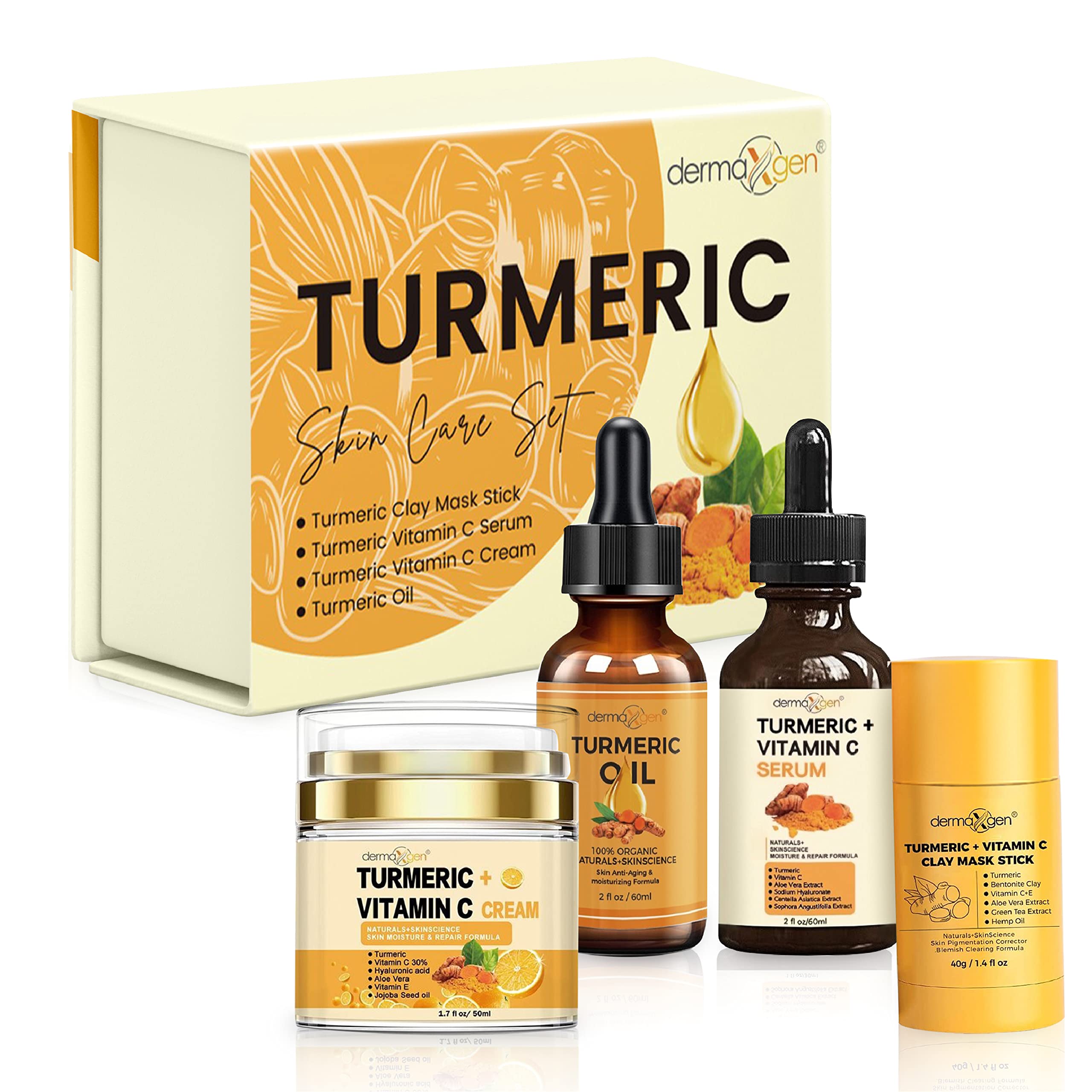 DERMAXGEN 4-piece glow boosting skincare set featuring organic moisturizer for acne control and dark spot removal.